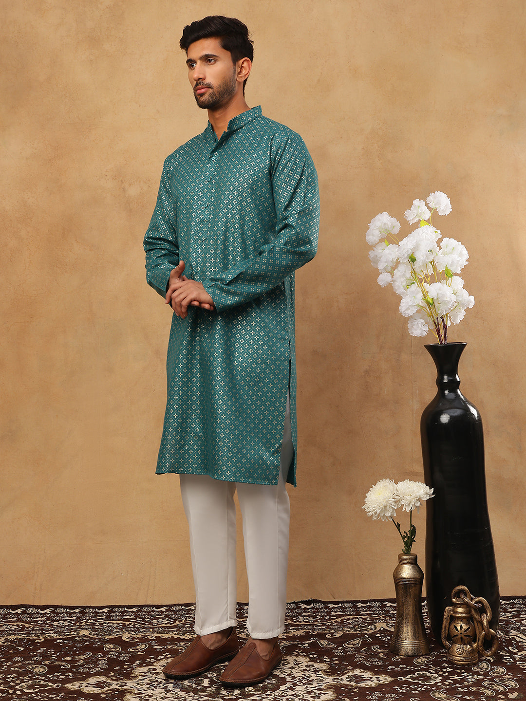 DesiQlo Men Printed Kurta Pyjama Set - Multicolor - 65KP_5421Sea-Green