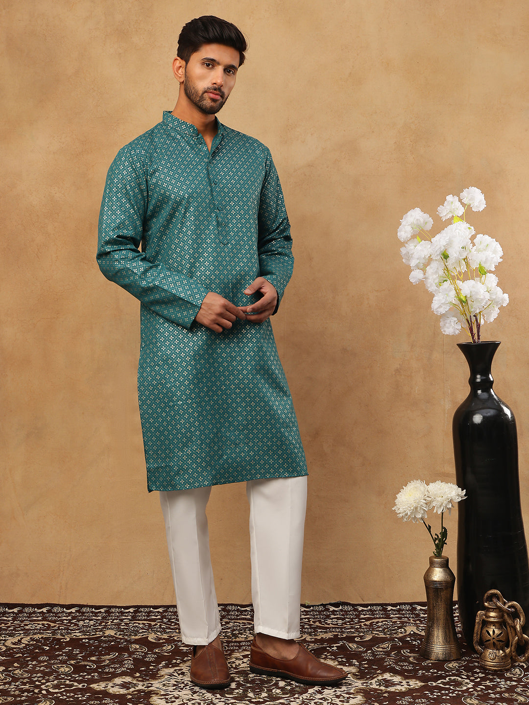 DesiQlo Men Printed Kurta Pyjama Set - Multicolor - 65KP_5421Sea-Green