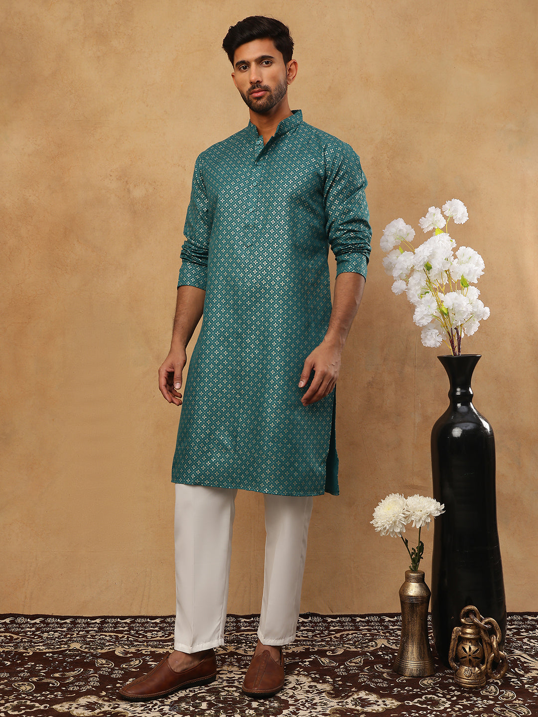 DesiQlo Men Printed Kurta Pyjama Set - Multicolor - 65KP_5421Sea-Green