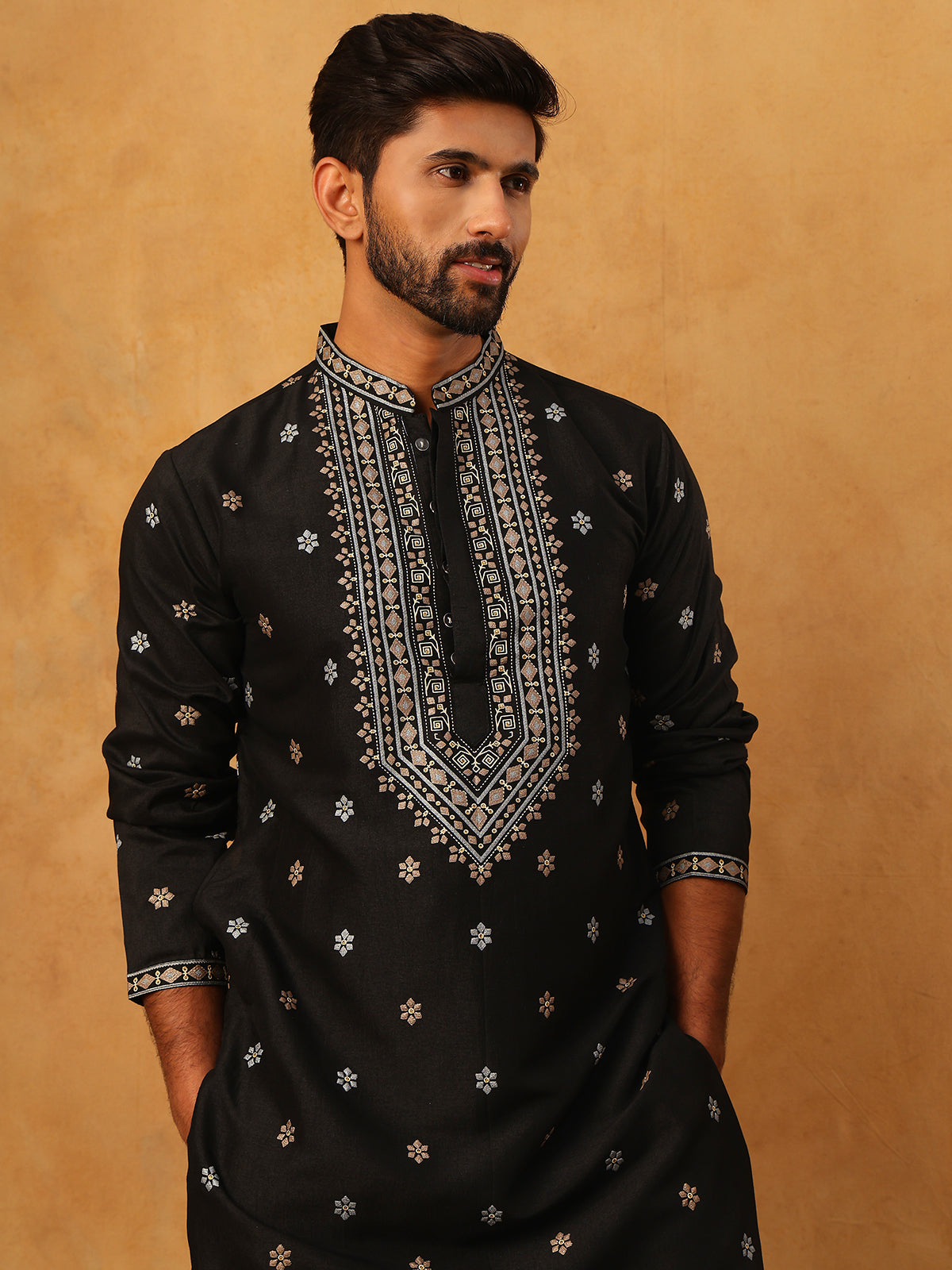 Ethnic Silk Blend Foil Print Kurta Pyjama Set (65KP 5422 Black ) [FF] [J-1]