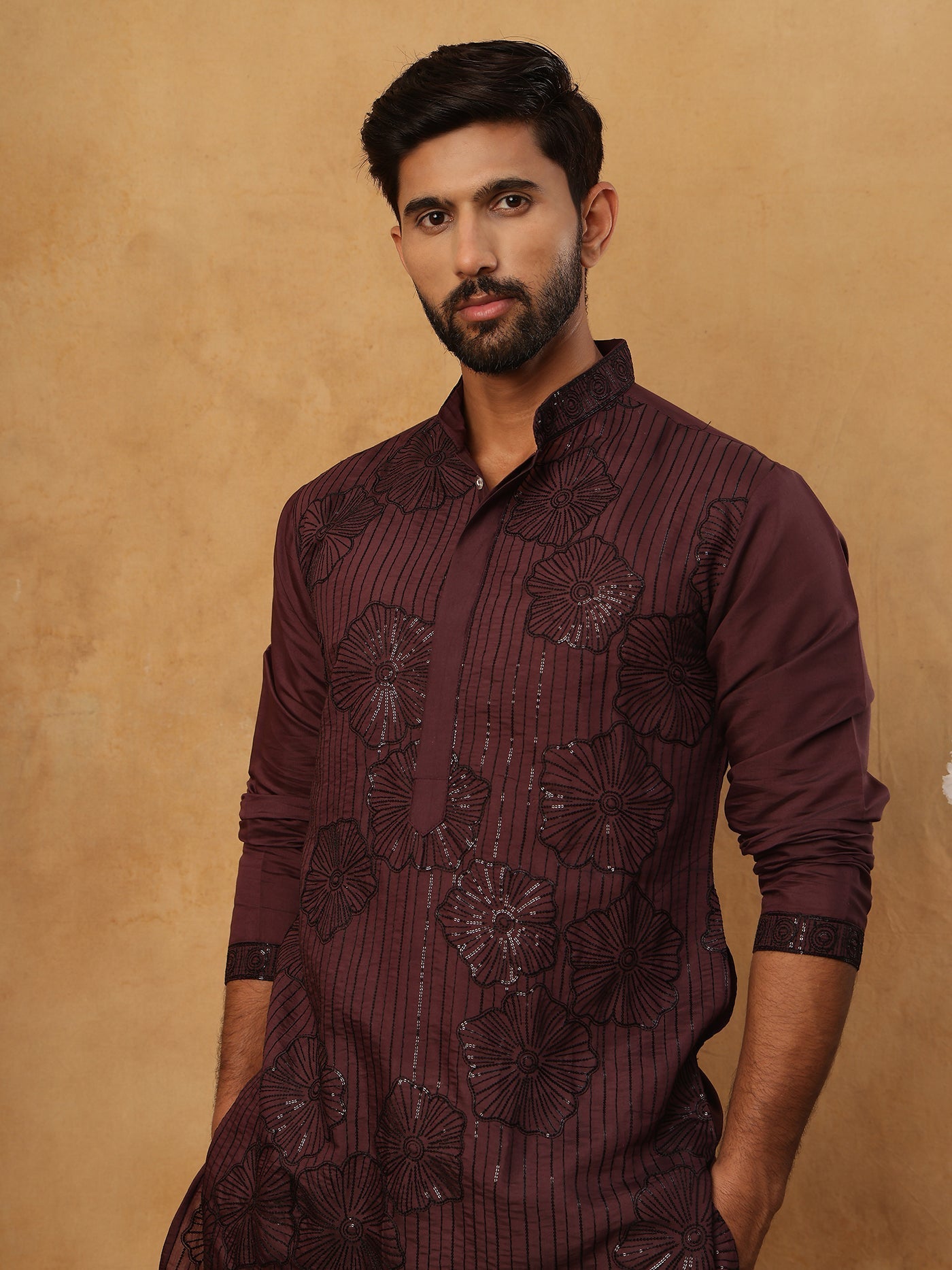 DesiQlo Men Floral Kurta Pyjama Set - Maroon - 65KP_5423Maroon_S