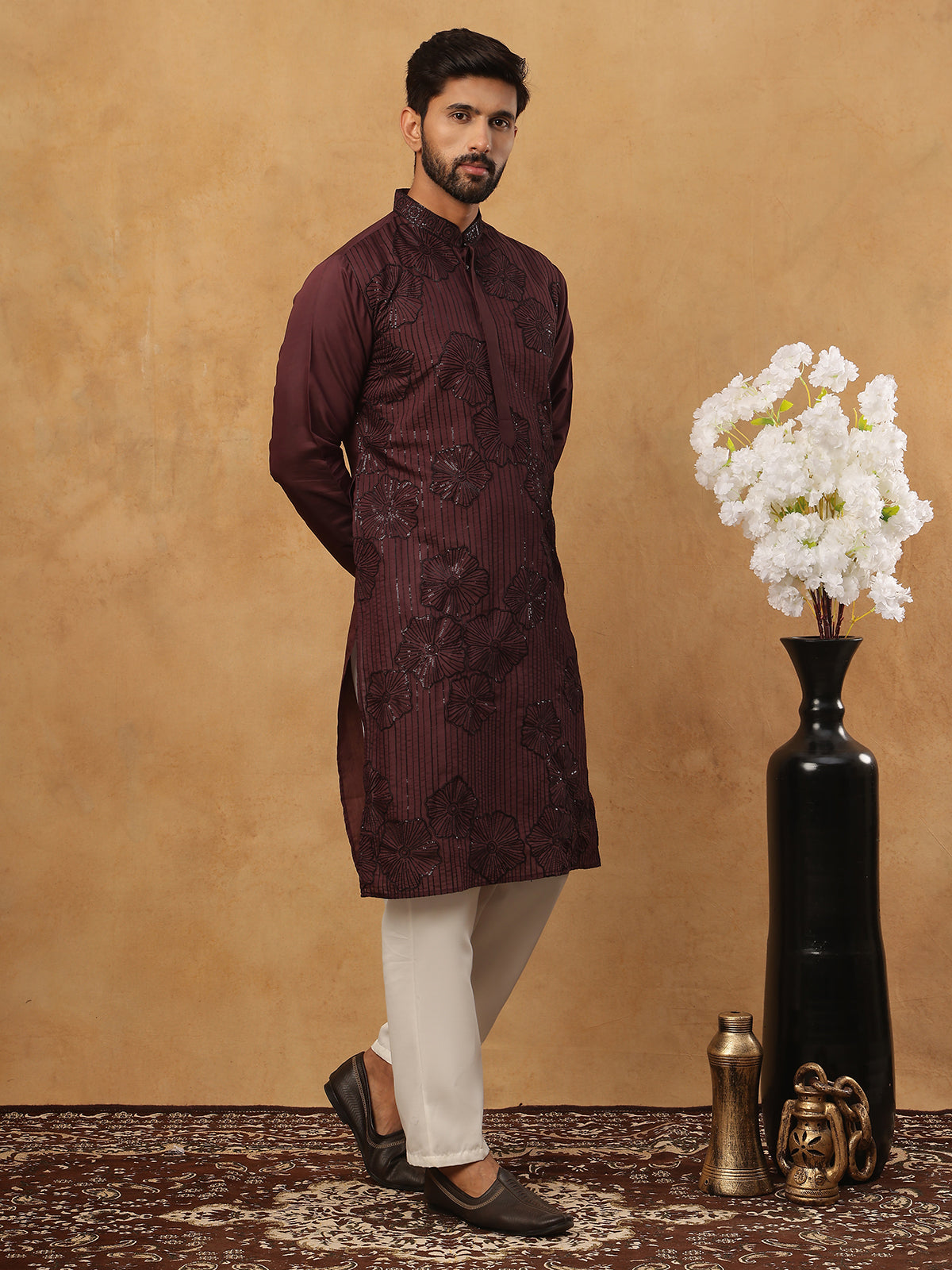 DesiQlo Men Floral Kurta Pyjama Set - Maroon - 65KP_5423Maroon_S