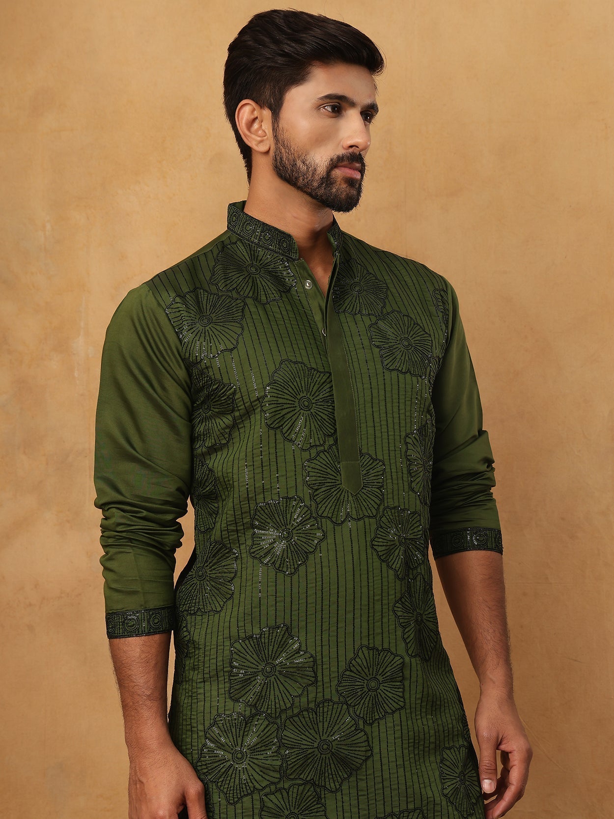 DesiQlo Men Floral Kurta Pyjama Set - Green - 65KP_5423Olive_S