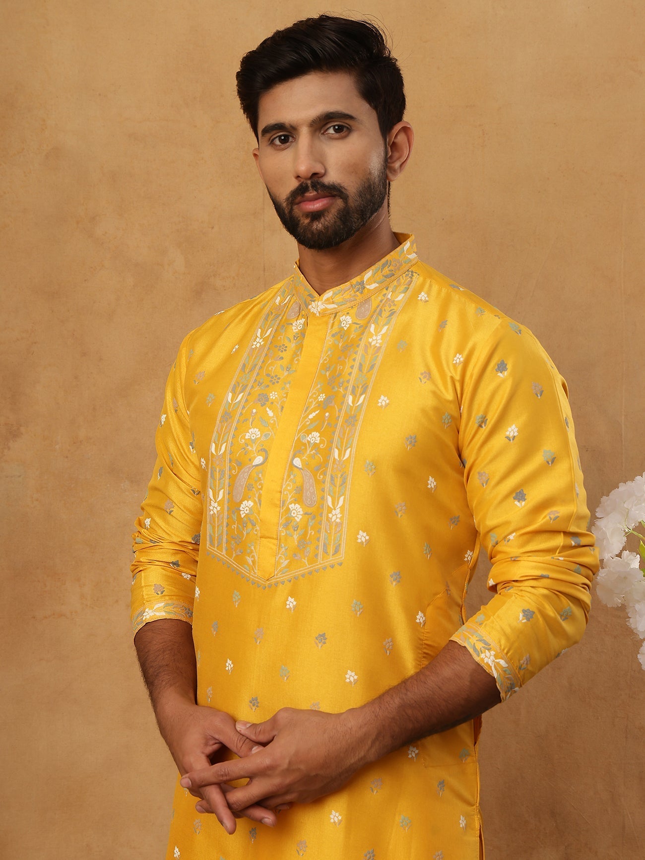 DesiQlo Men Floral Kurta Pyjama Set - Yellow - 65KP_5424Mustard_S