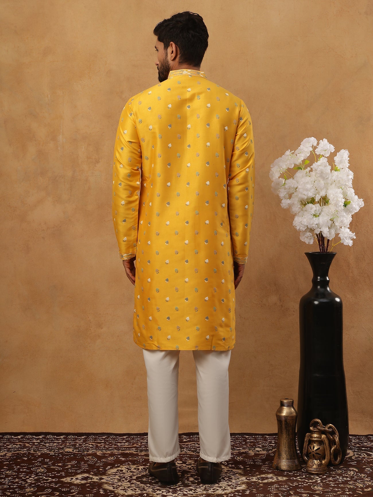 DesiQlo Men Floral Kurta Pyjama Set - Yellow - 65KP_5424Mustard_S