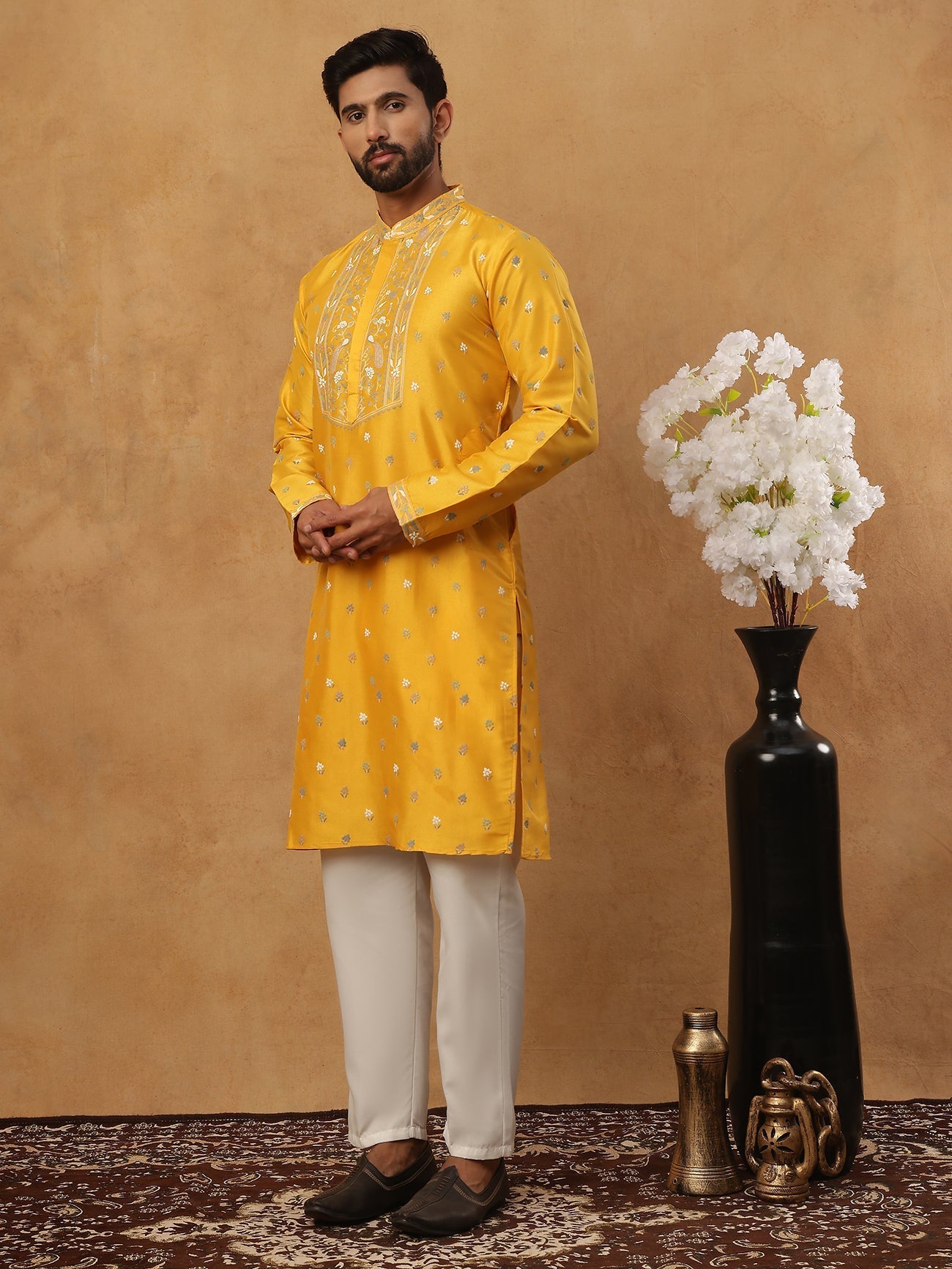 DesiQlo Men Floral Kurta Pyjama Set - Yellow - 65KP_5424Mustard_S