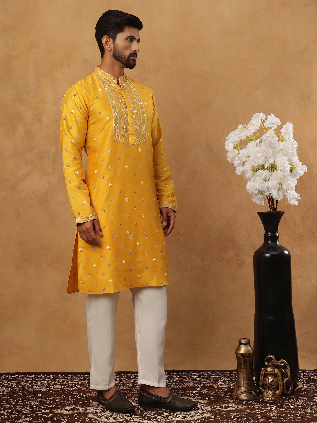 DesiQlo Men Floral Kurta Pyjama Set - Yellow - 65KP_5424Mustard_S