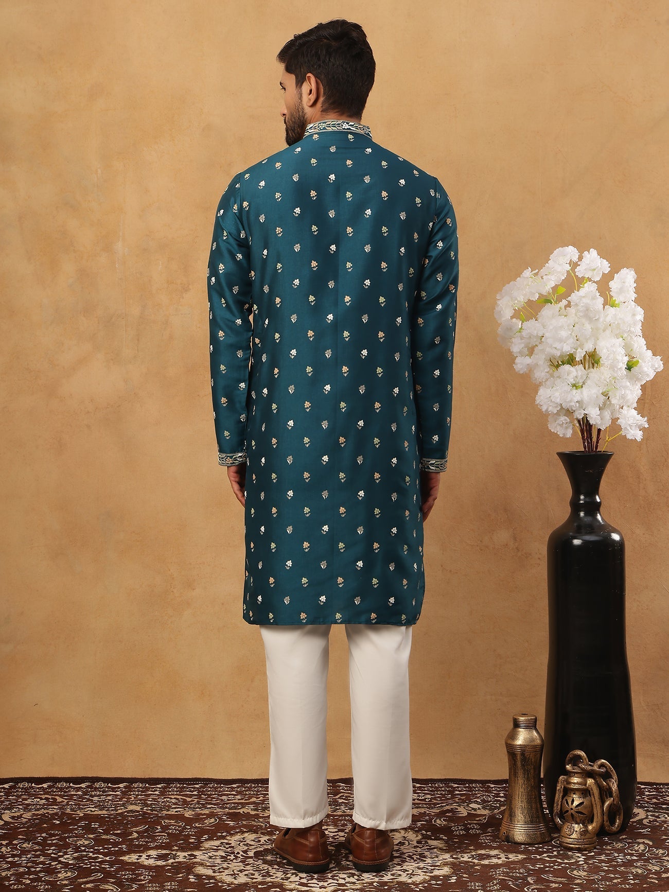 DesiQlo Men Floral Kurta Pyjama Set - Multicolor - 65KP_5424Peacock_S