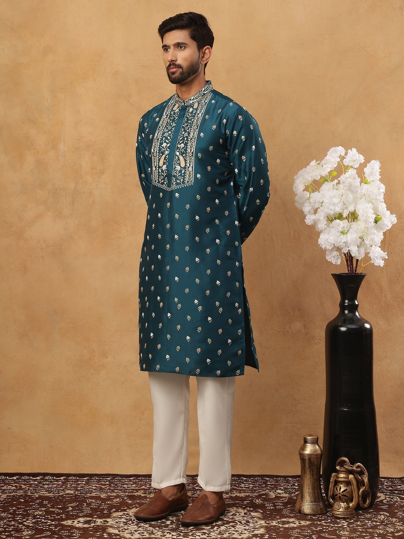 DesiQlo Men Floral Kurta Pyjama Set - Multicolor - 65KP_5424Peacock_S