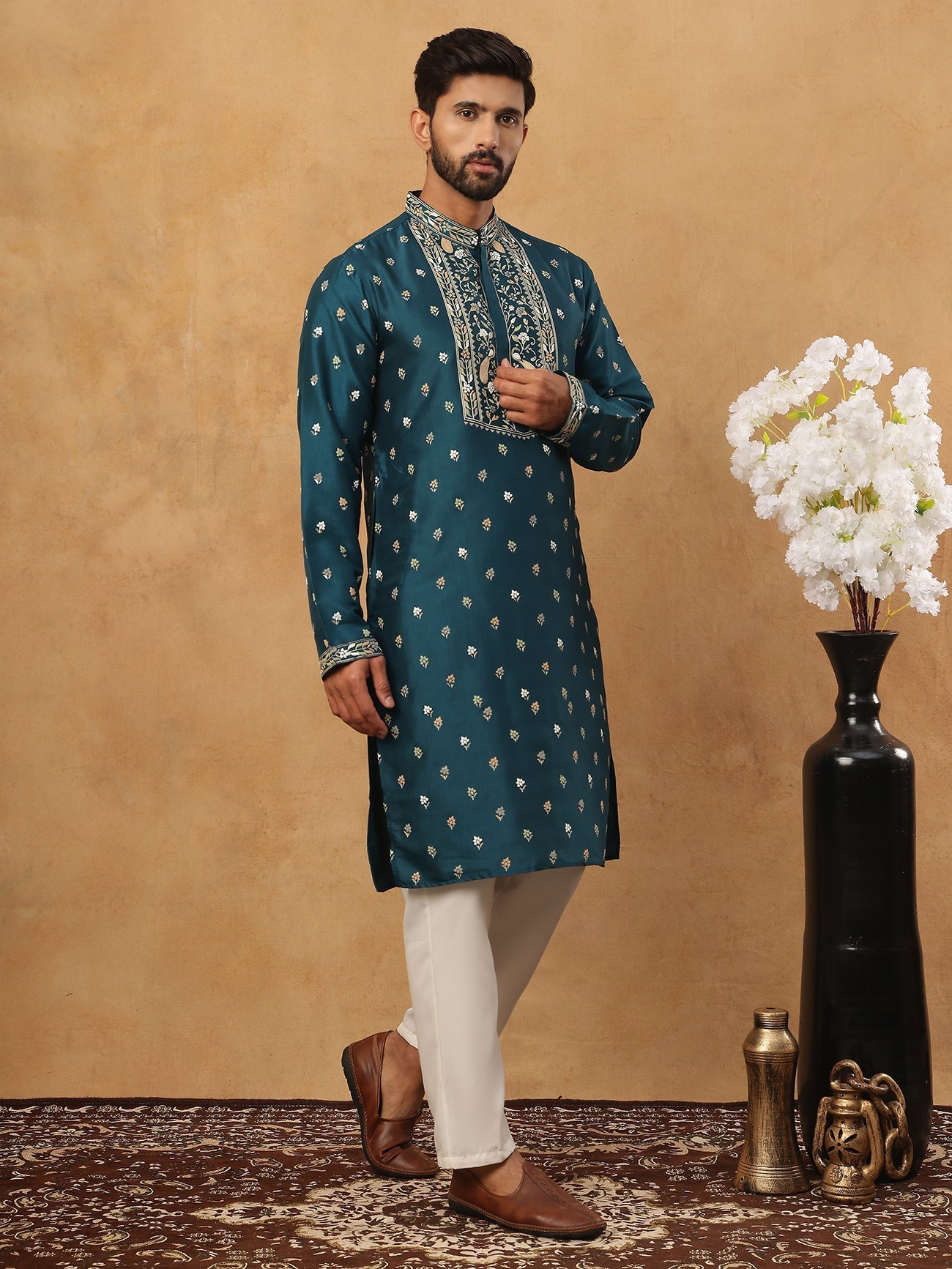 DesiQlo Men Floral Kurta Pyjama Set - Multicolor - 65KP_5424Peacock_S