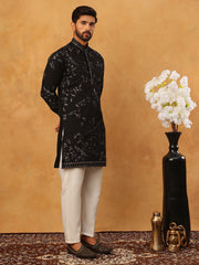 Silk Blend Embroidered Kurta with Pyjama (65KP 5426 Black ) [FF] [A-1-4]