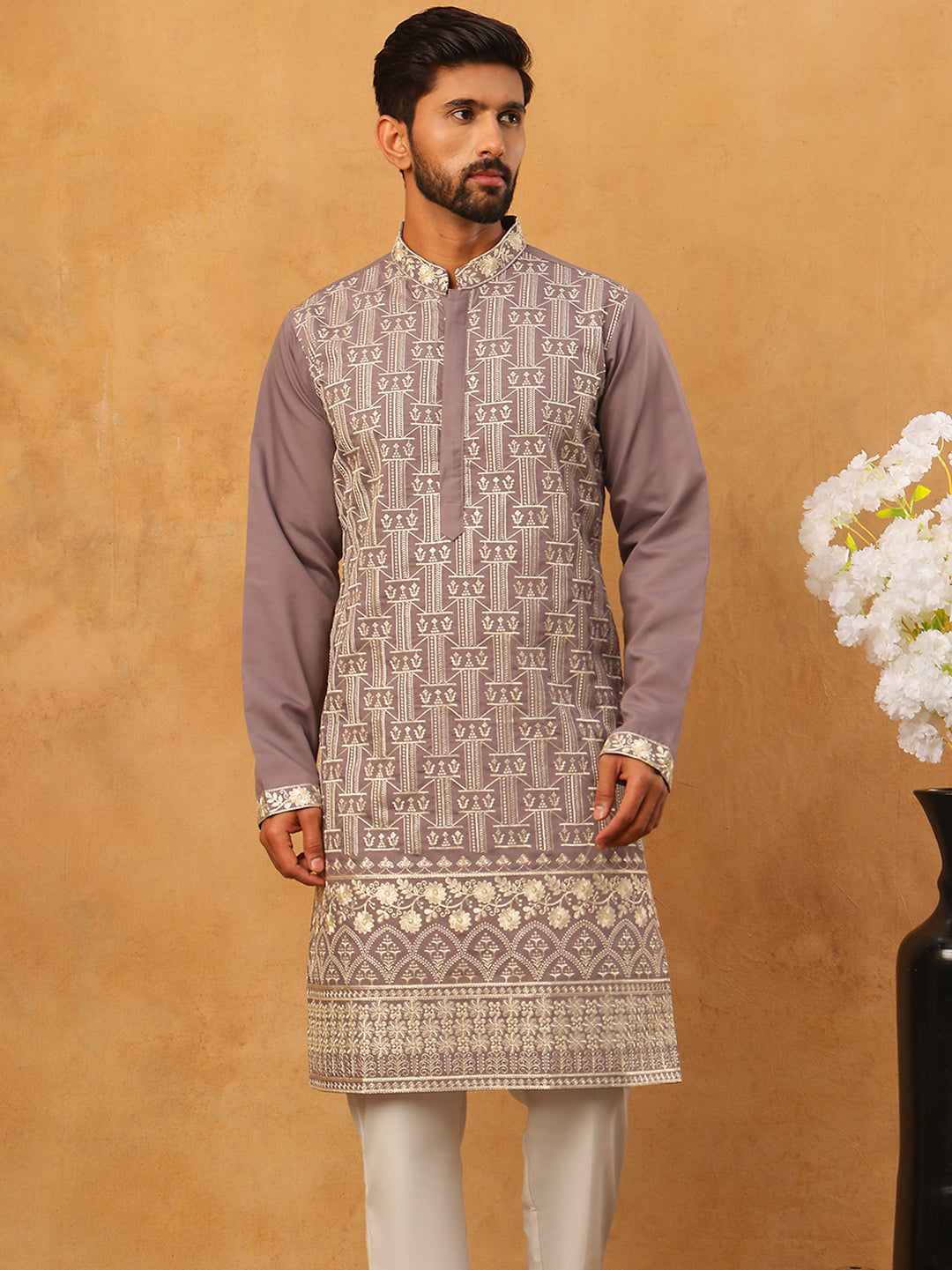 DesiQlo Men Geometric Kurta Pyjama Set - Purple - 65KP_5427Purple_S