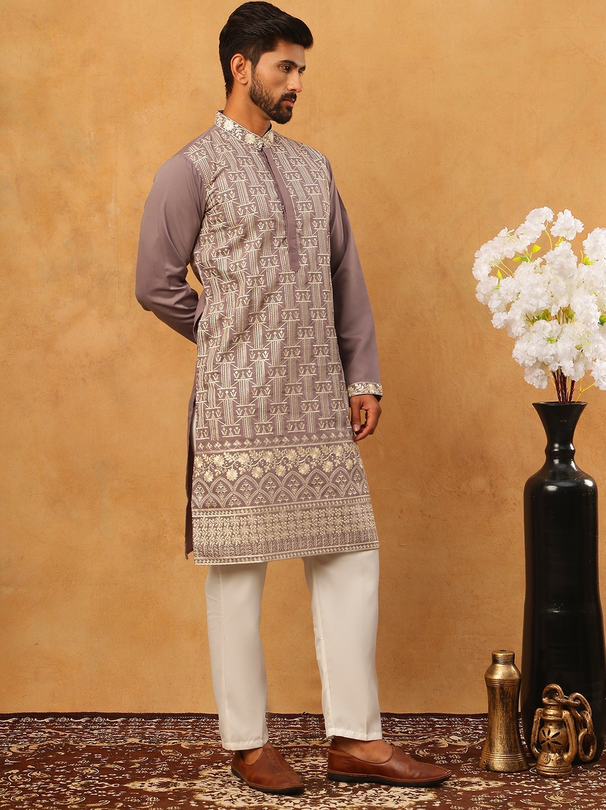 DesiQlo Men Geometric Kurta Pyjama Set - Purple - 65KP_5427Purple_S
