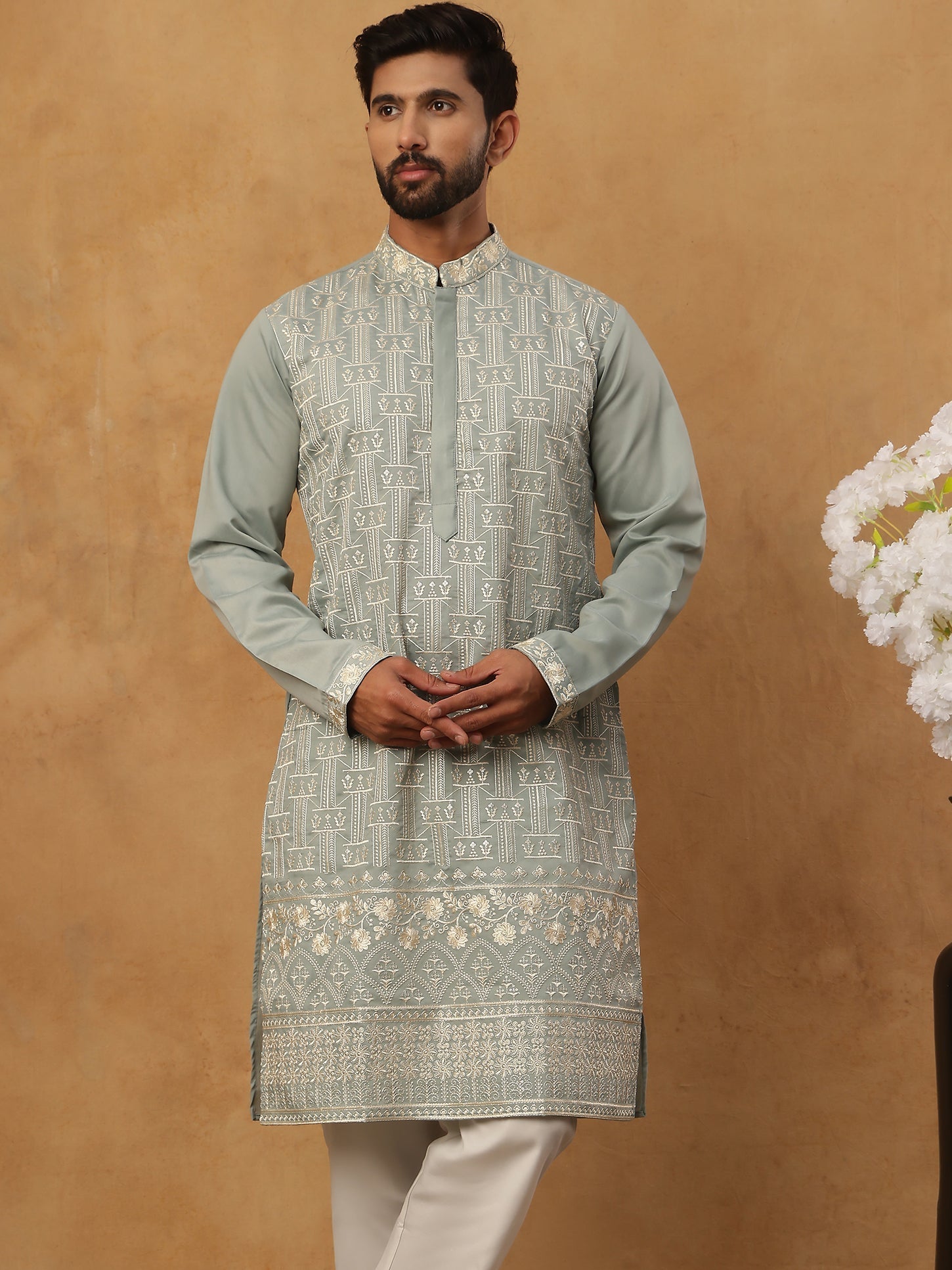 DesiQlo Men Geometric Kurta Pyjama Set - Green - 65KP_5427Rama_S