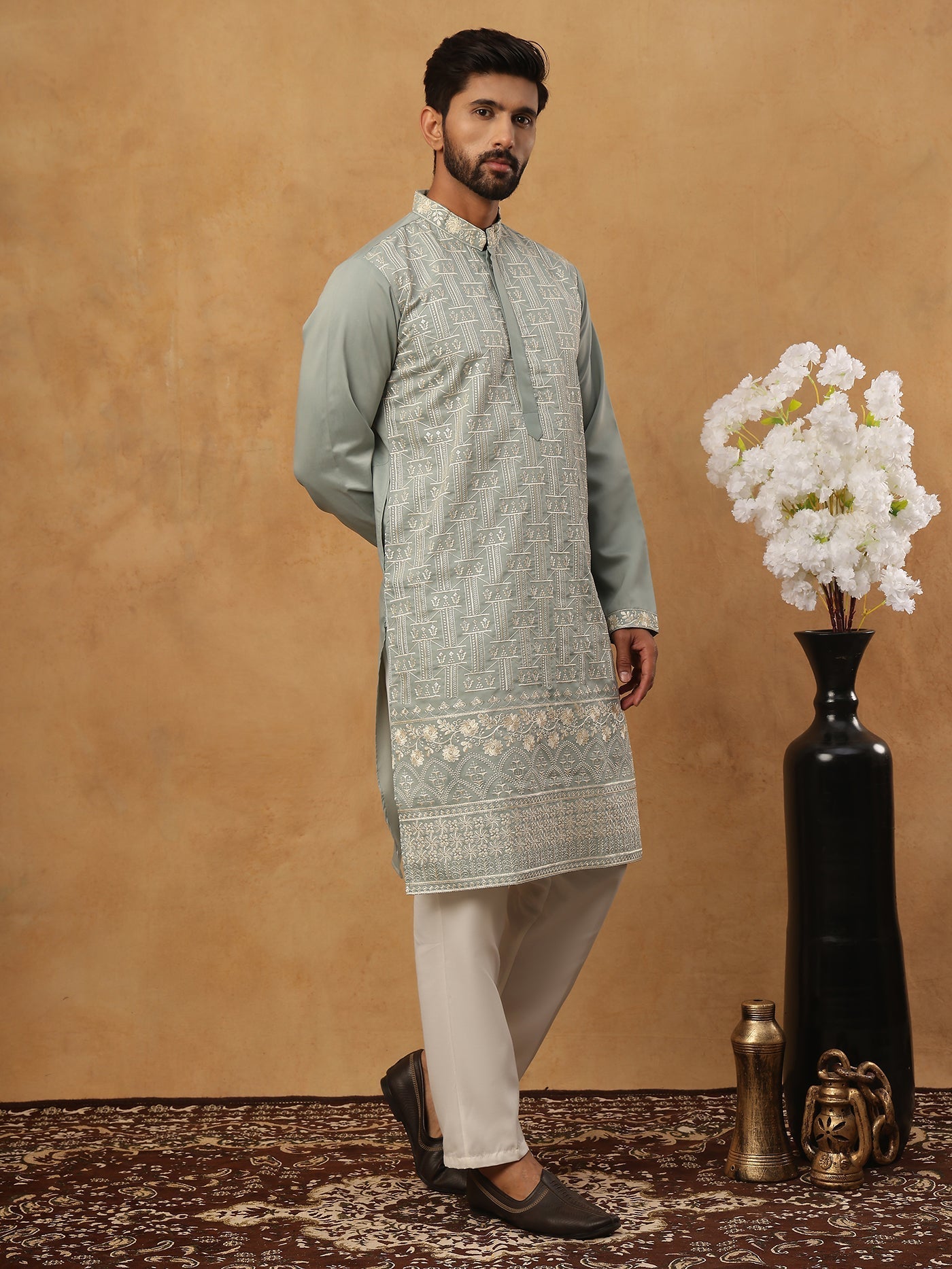 DesiQlo Men Geometric Kurta Pyjama Set - Green - 65KP_5427Rama_S
