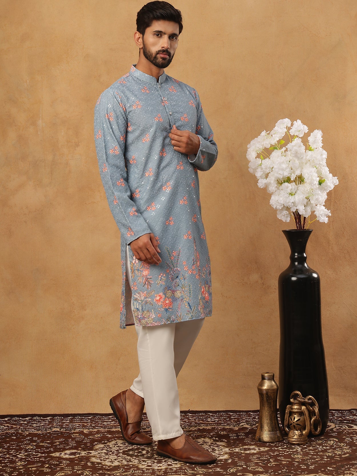 DesiQlo Men Floral Kurta Pyjama Set - Blue - 65KP_5428Blue_S