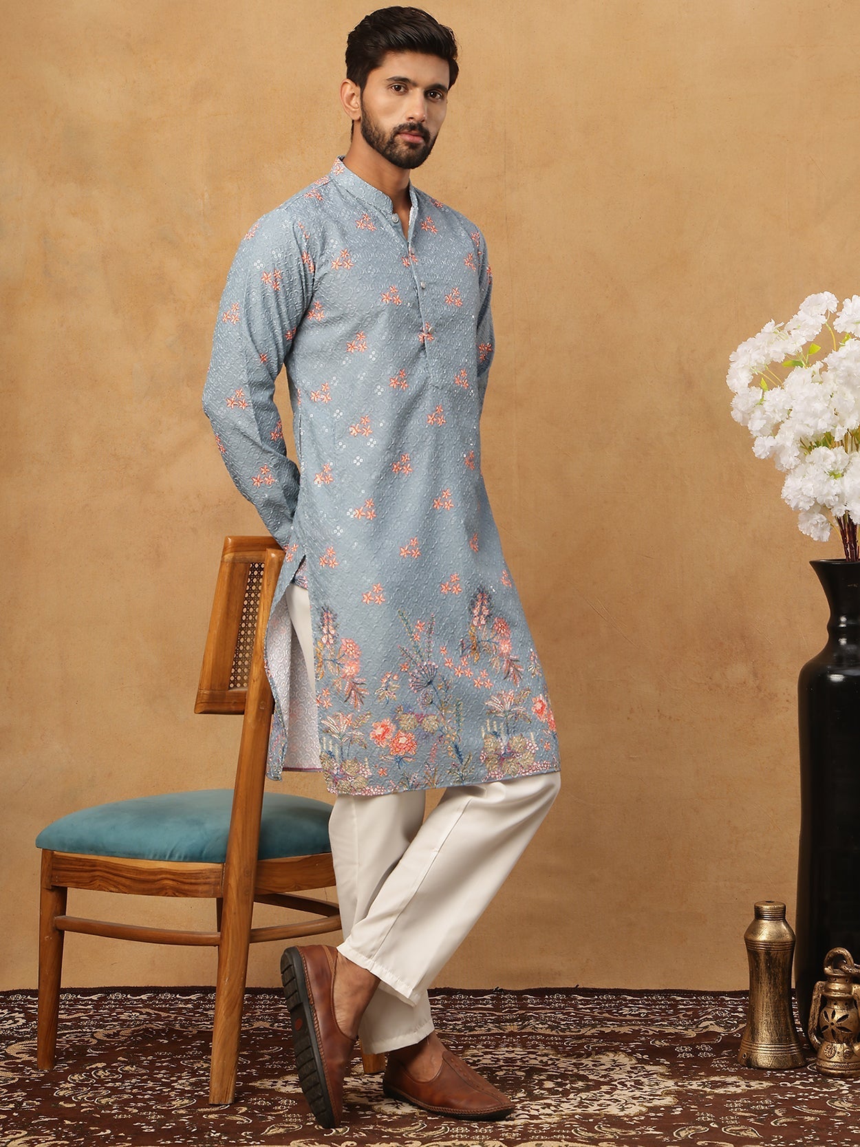 DesiQlo Men Floral Kurta Pyjama Set - Blue - 65KP_5428Blue_S
