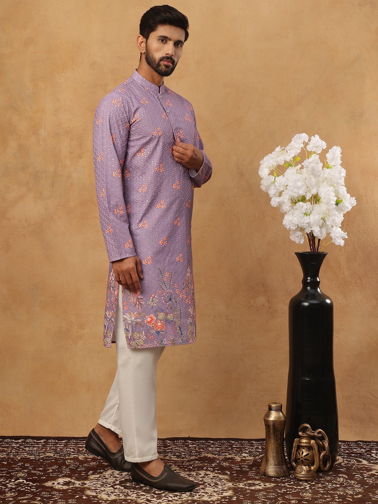 DesiQlo Men Floral Kurta Pyjama Set - Purple - 65KP_5428Purple_S