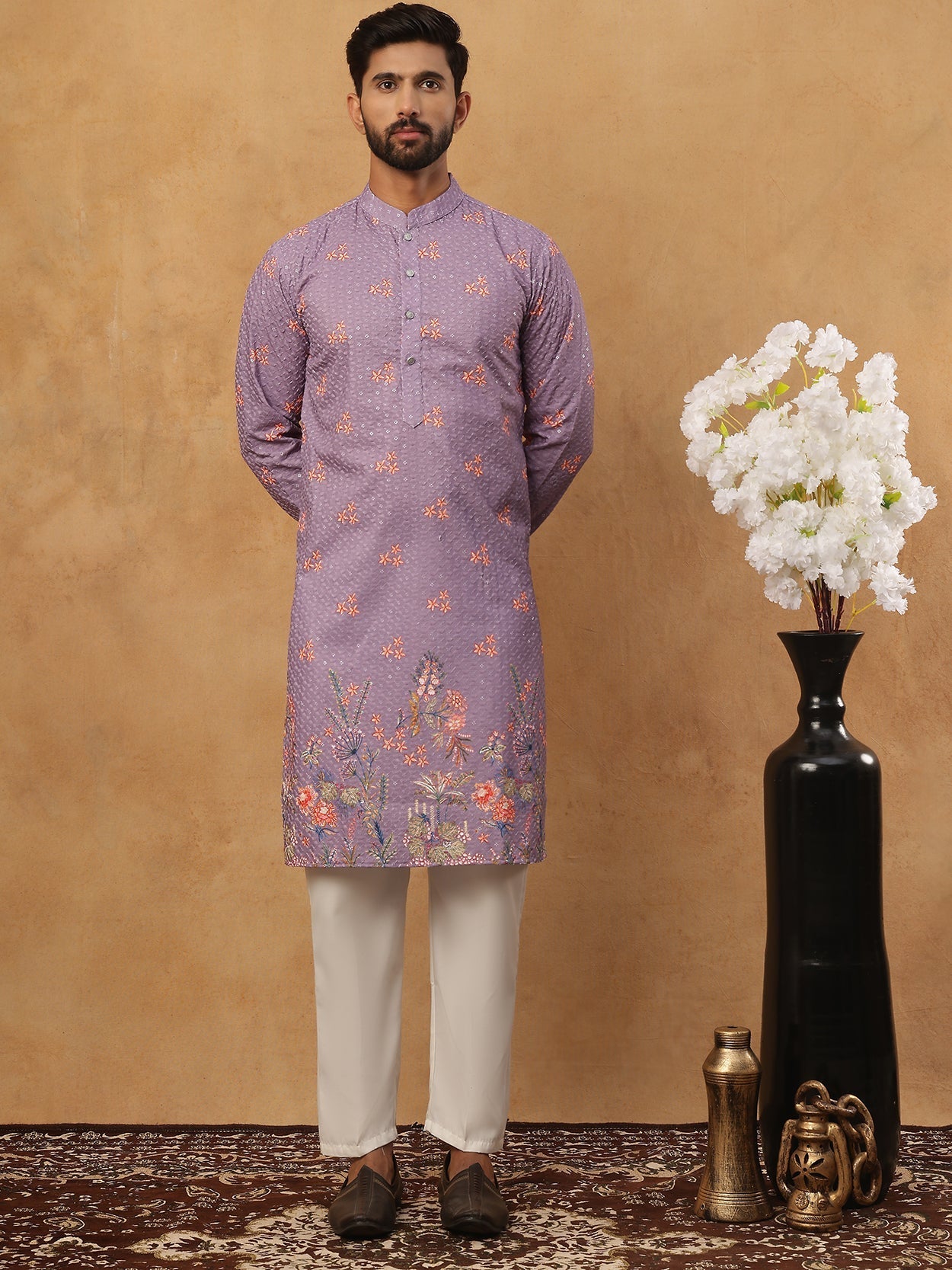 DesiQlo Men Floral Kurta Pyjama Set - Purple - 65KP_5428Purple_S