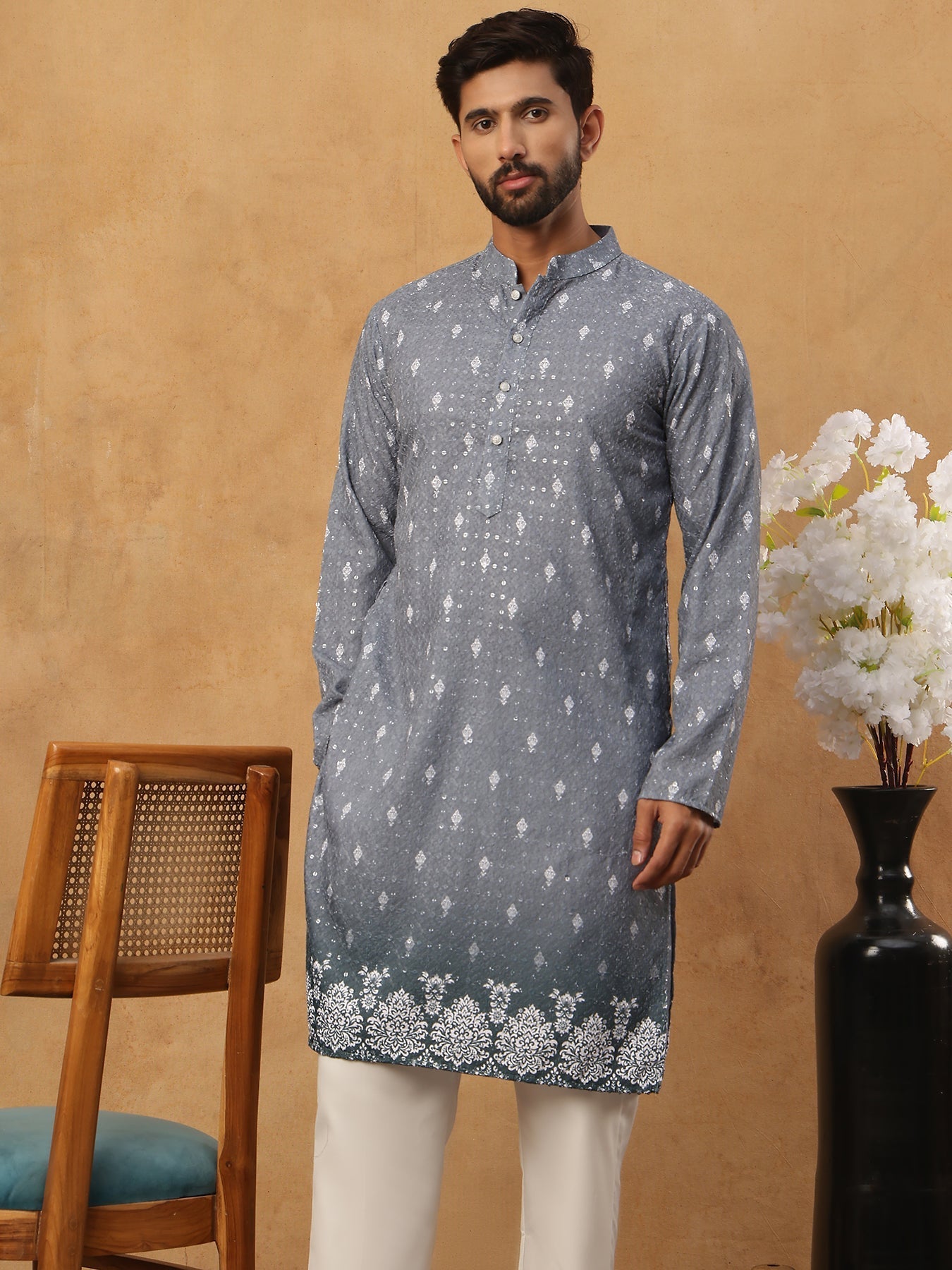 DesiQlo Men Floral Kurta Pyjama Set - Grey - 65KP_5429Grey_S
