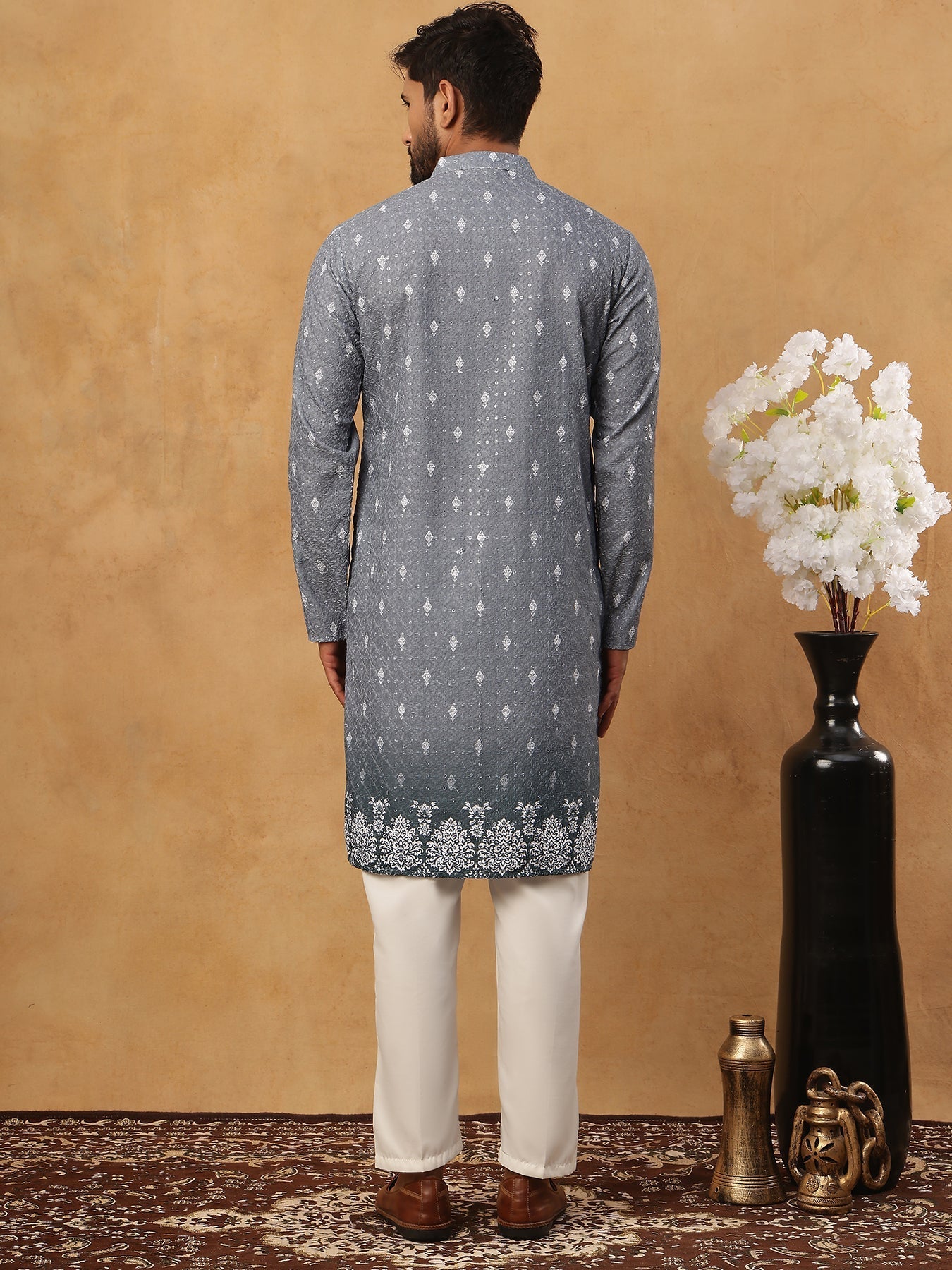 DesiQlo Men Floral Kurta Pyjama Set - Grey - 65KP_5429Grey_S