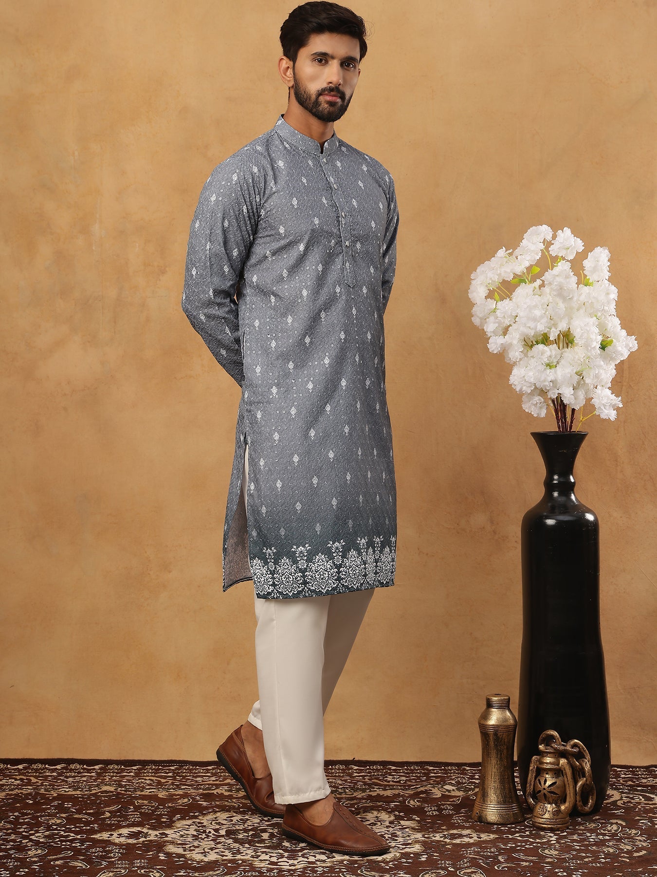 DesiQlo Men Floral Kurta Pyjama Set - Grey - 65KP_5429Grey_S