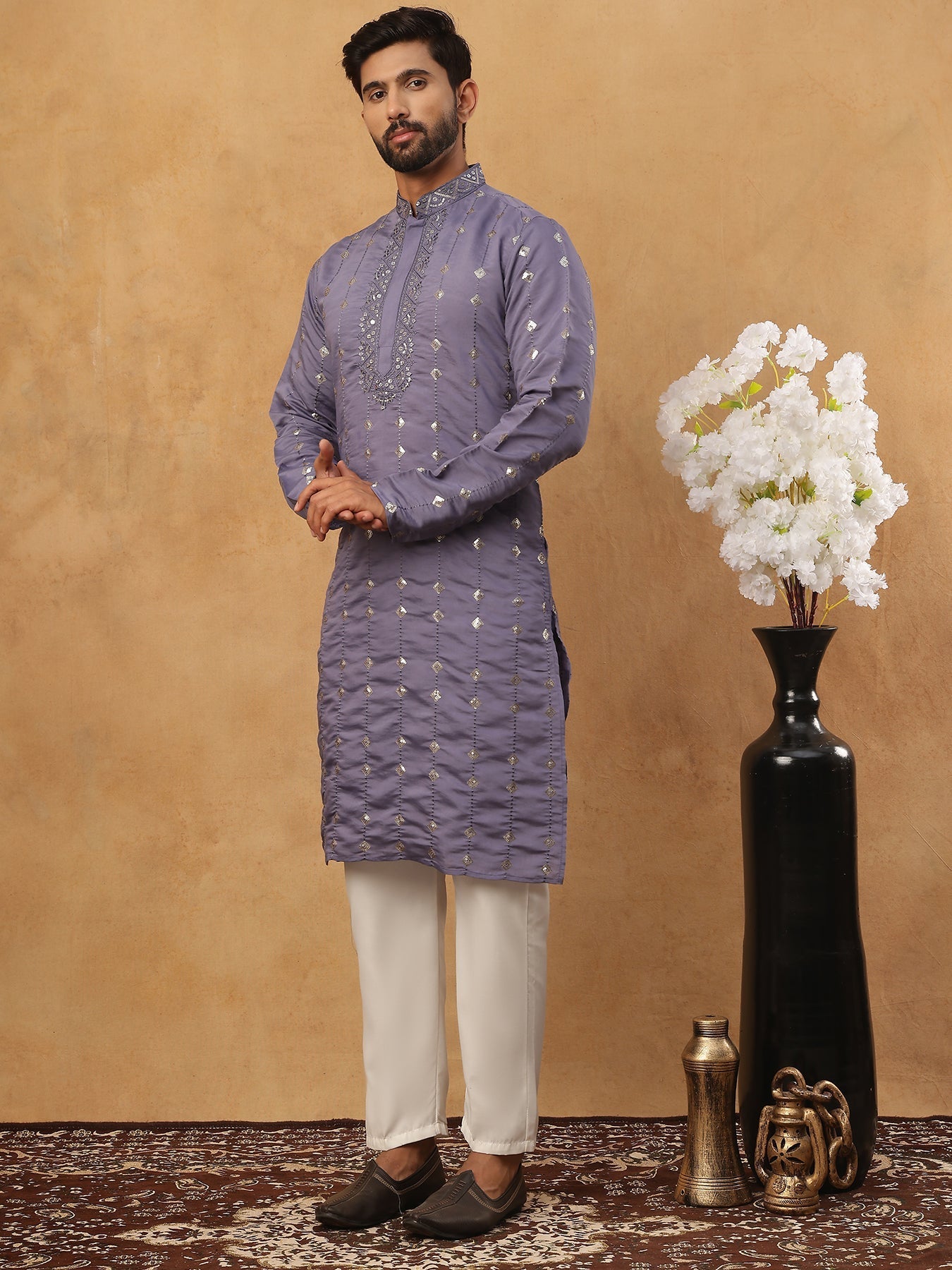 DesiQlo Men Geometric Kurta Pyjama Set - Purple - 65KP_5430Purple_S