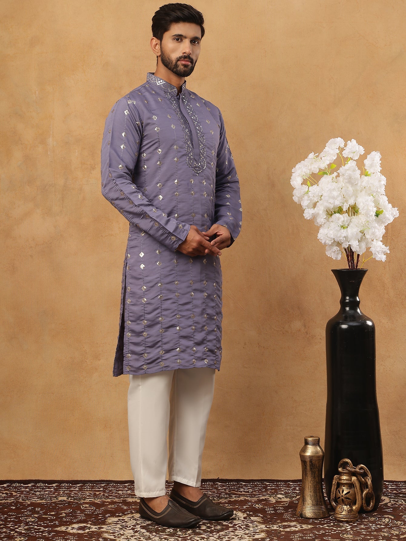 DesiQlo Men Geometric Kurta Pyjama Set - Purple - 65KP_5430Purple_S