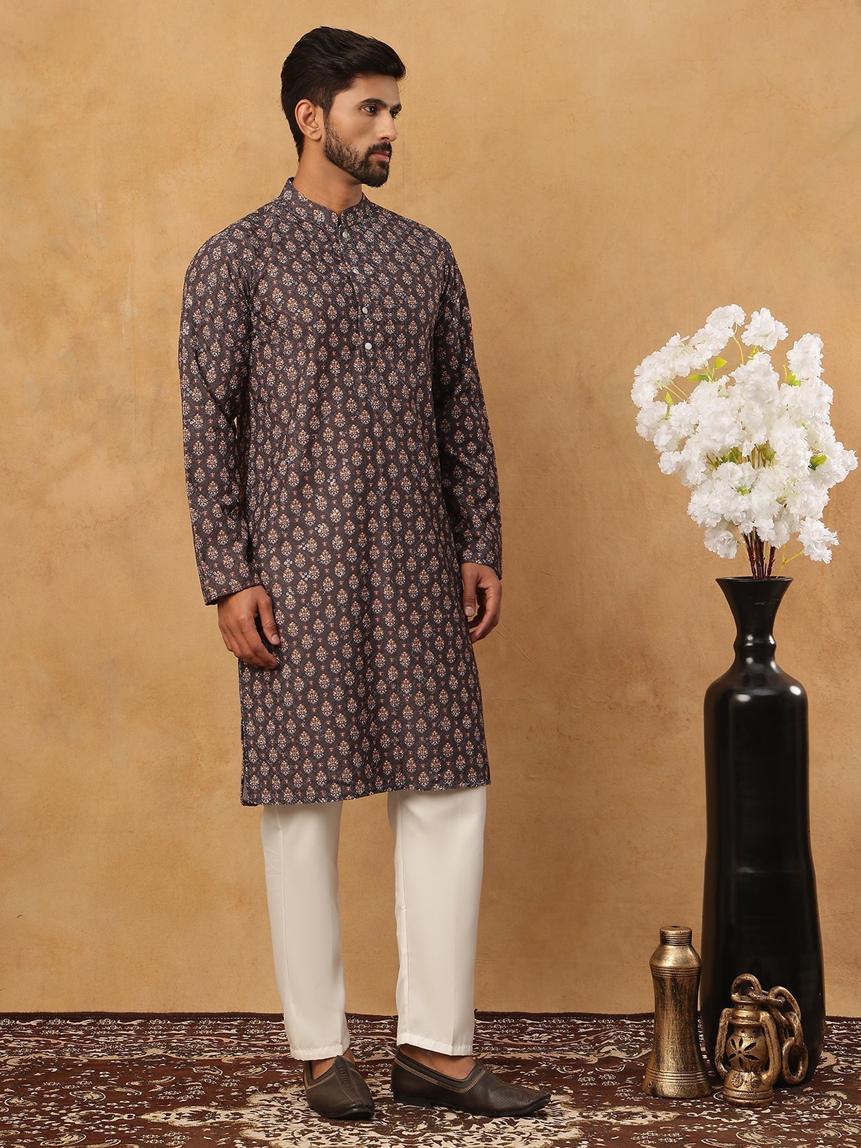 DesiQlo Men Floral Kurta Pyjama Set - Grey - 65KP_5434Grey_S