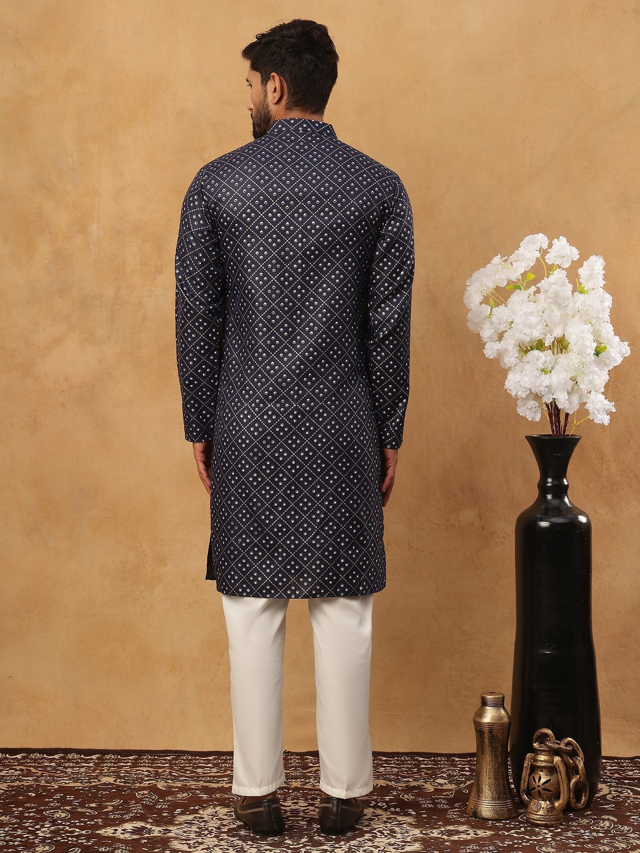 DesiQlo Men Geometric Kurta Pyjama Set - Blue - 65KP_5436Navy_S