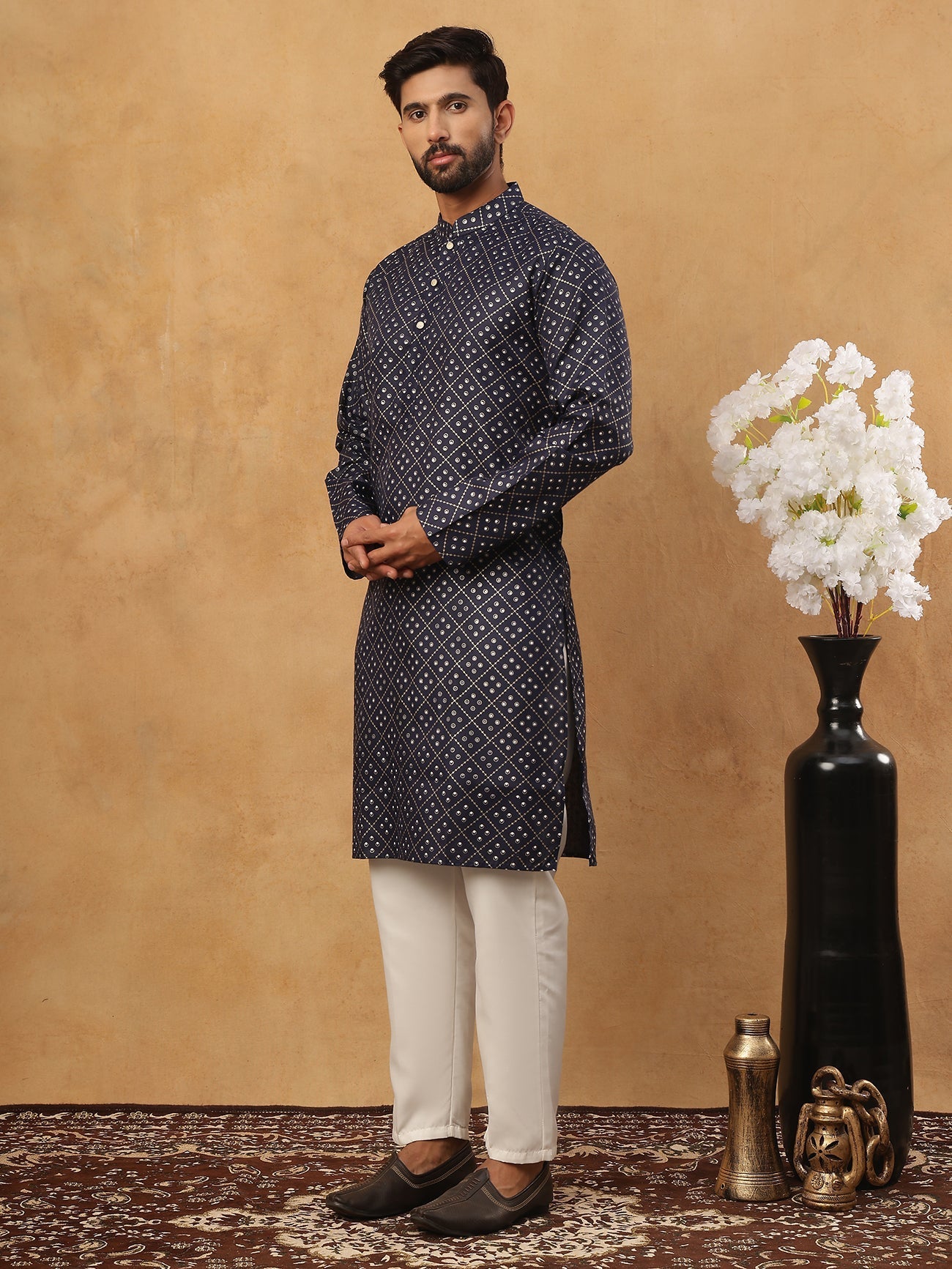 DesiQlo Men Geometric Kurta Pyjama Set - Blue - 65KP_5436Navy_S