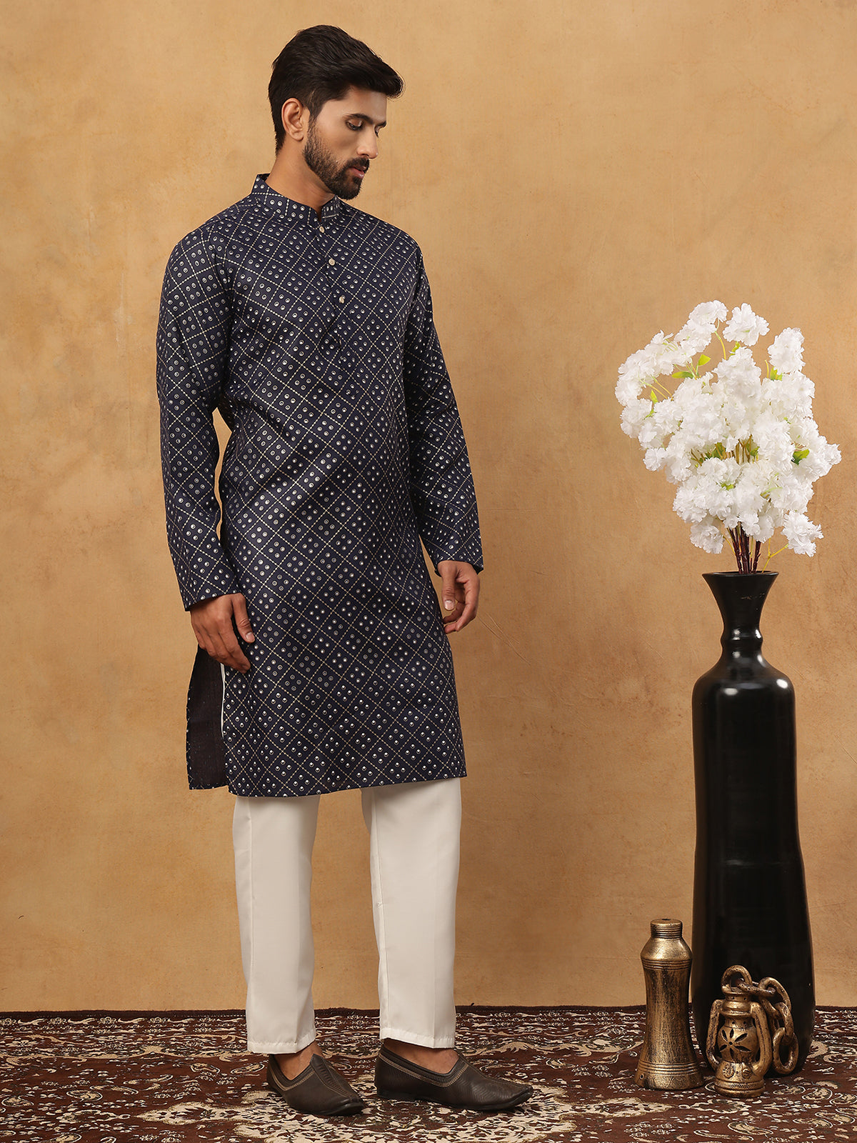 DesiQlo Men Geometric Kurta Pyjama Set - Blue - 65KP_5436Navy_S