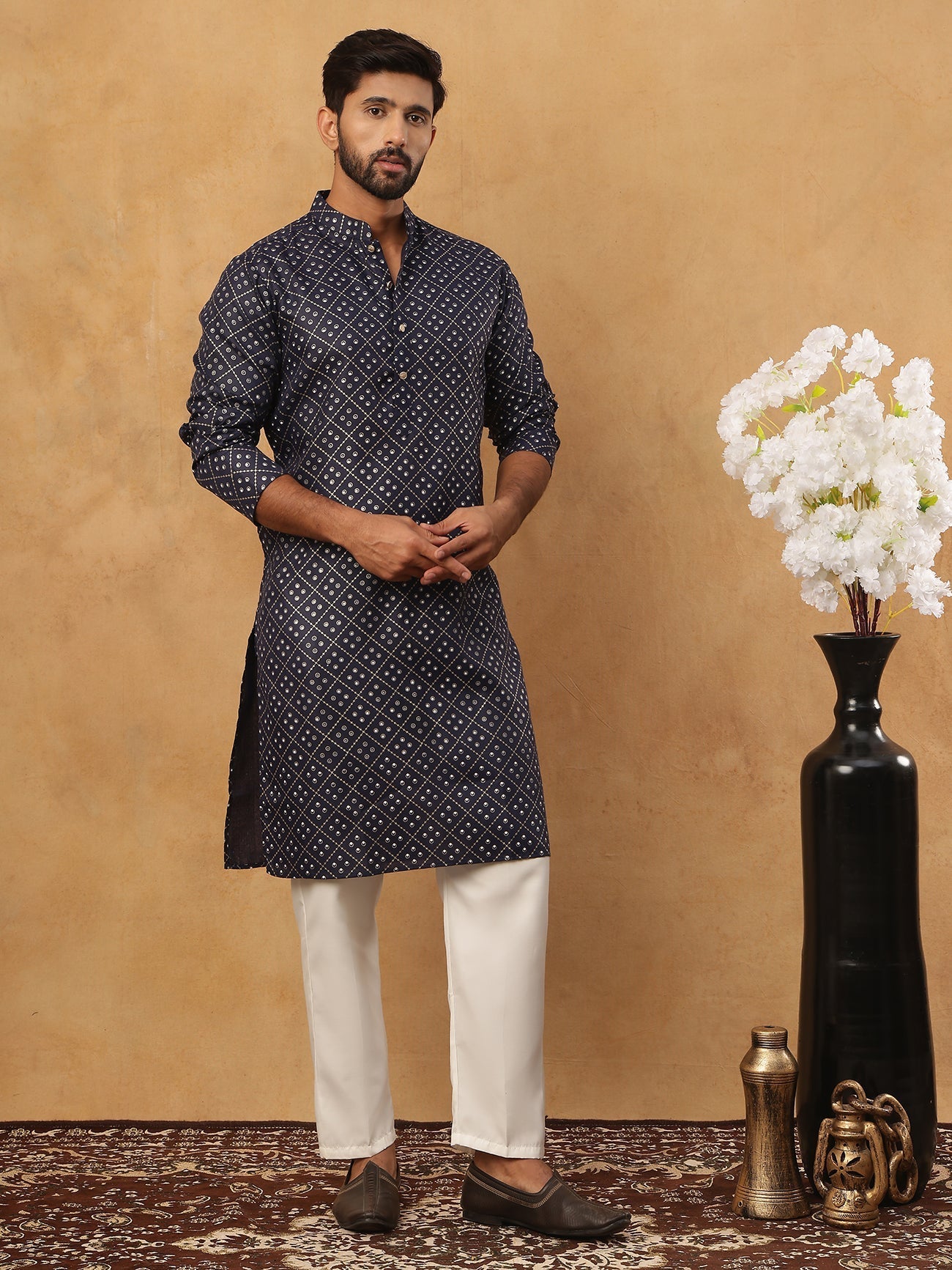 DesiQlo Men Geometric Kurta Pyjama Set - Blue - 65KP_5436Navy_S