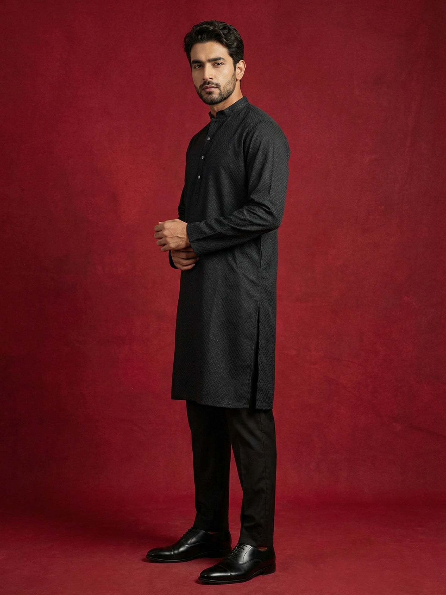 DesiQlo Men Embroidered Kurta Pyjama Set - Black - 65KP_B-P_5441Black_