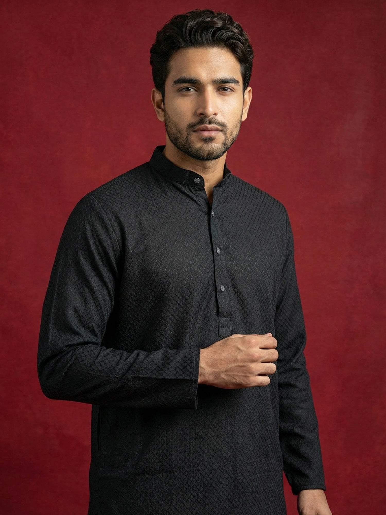 DesiQlo Men Embroidered Kurta Pyjama Set - Black - 65KP_B-P_5441Black_