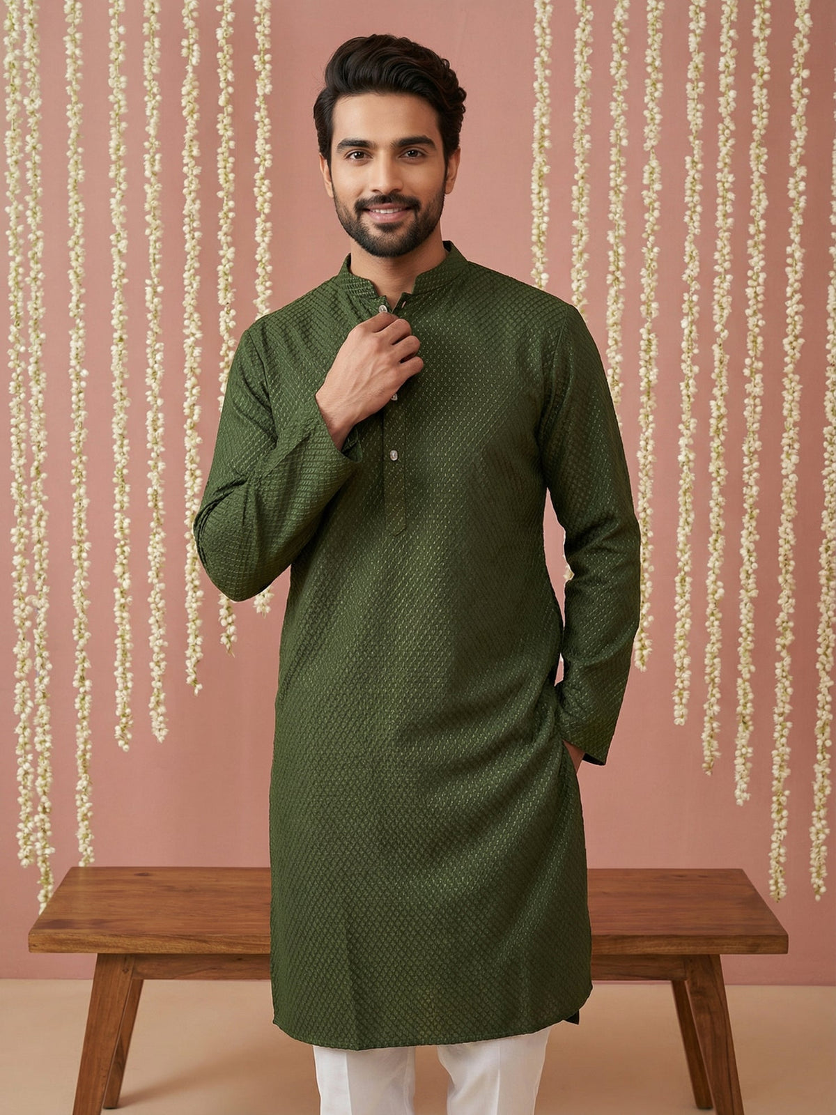 Embroidered Kurta Pyjama Set for Men ( 65KP P 5441Olive S ) [FF] [O-6]