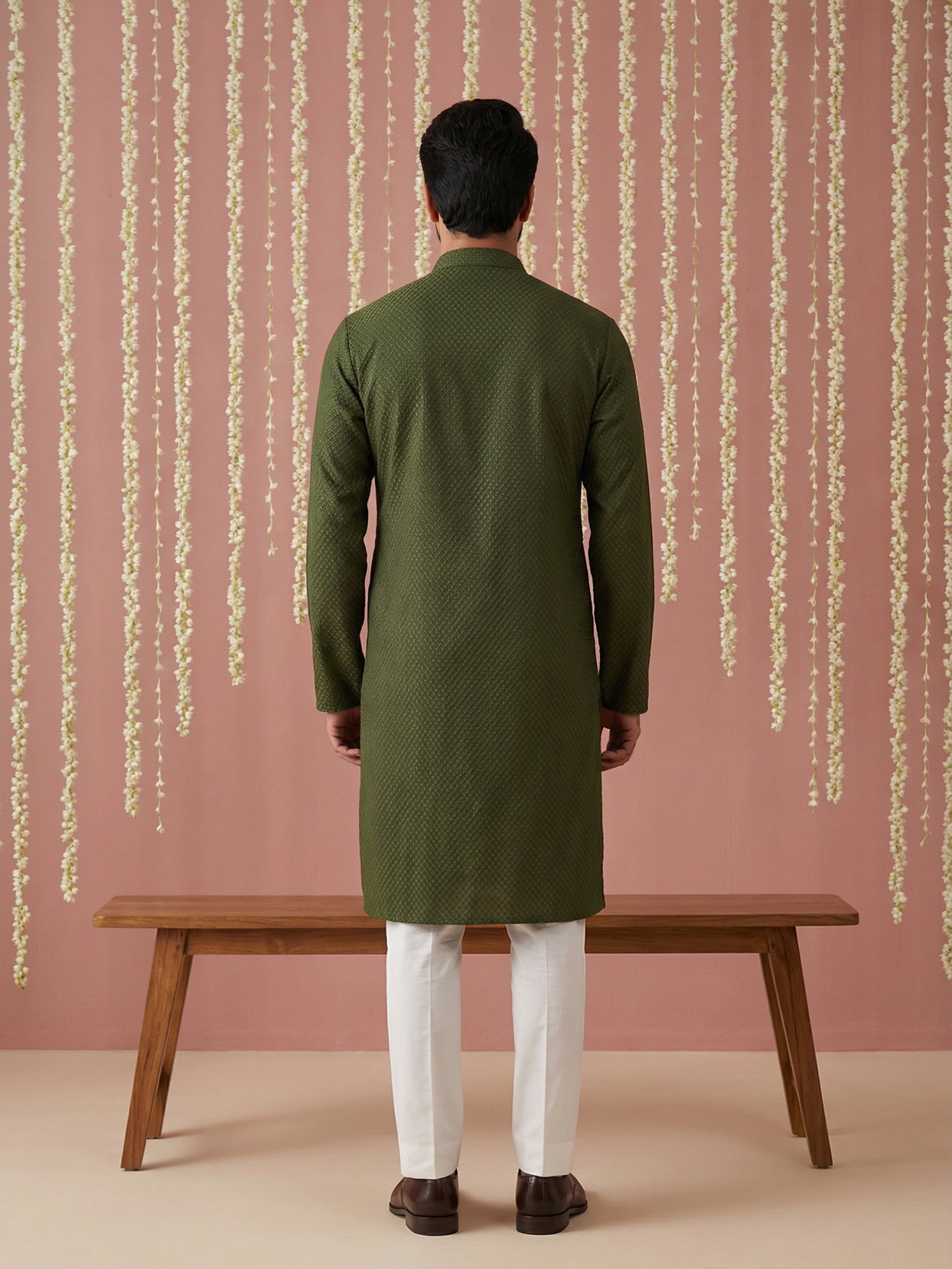 DesiQlo Men Embroidered Kurta Pyjama Set - Green - 65KP_P_5441Olive_S