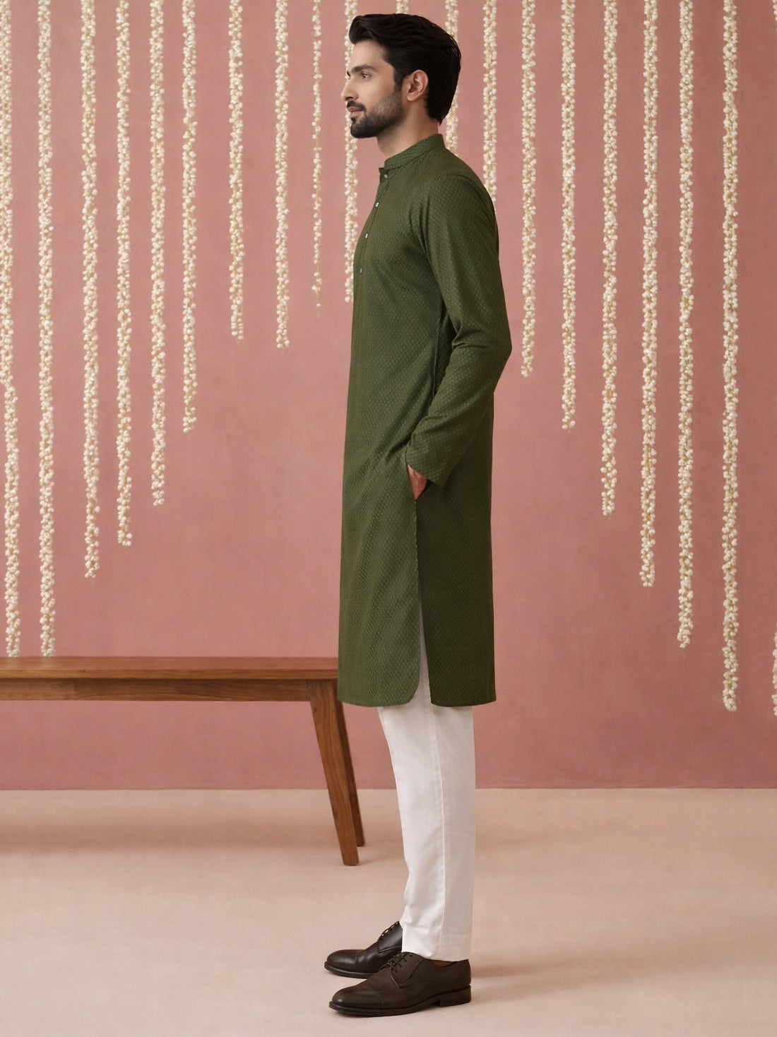 DesiQlo Men Embroidered Kurta Pyjama Set - Green - 65KP_P_5441Olive_S