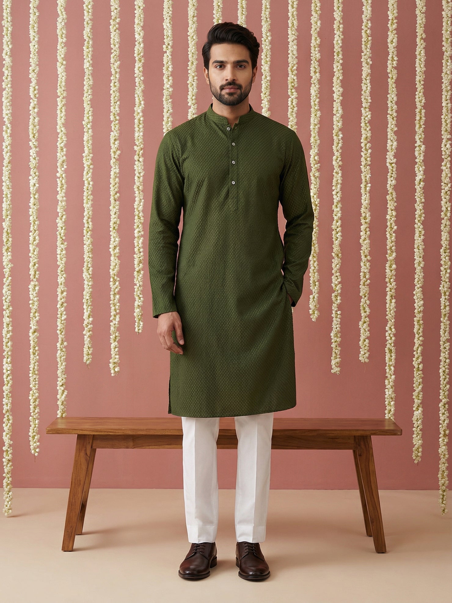 DesiQlo Men Embroidered Kurta Pyjama Set - Green - 65KP_P_5441Olive_S