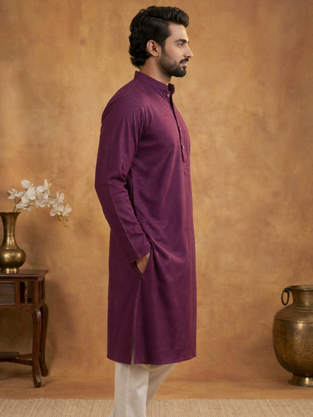 DesiQlo Men Embroidered Kurta Pyjama Set - Purple - 65KP_P_5441Purple_