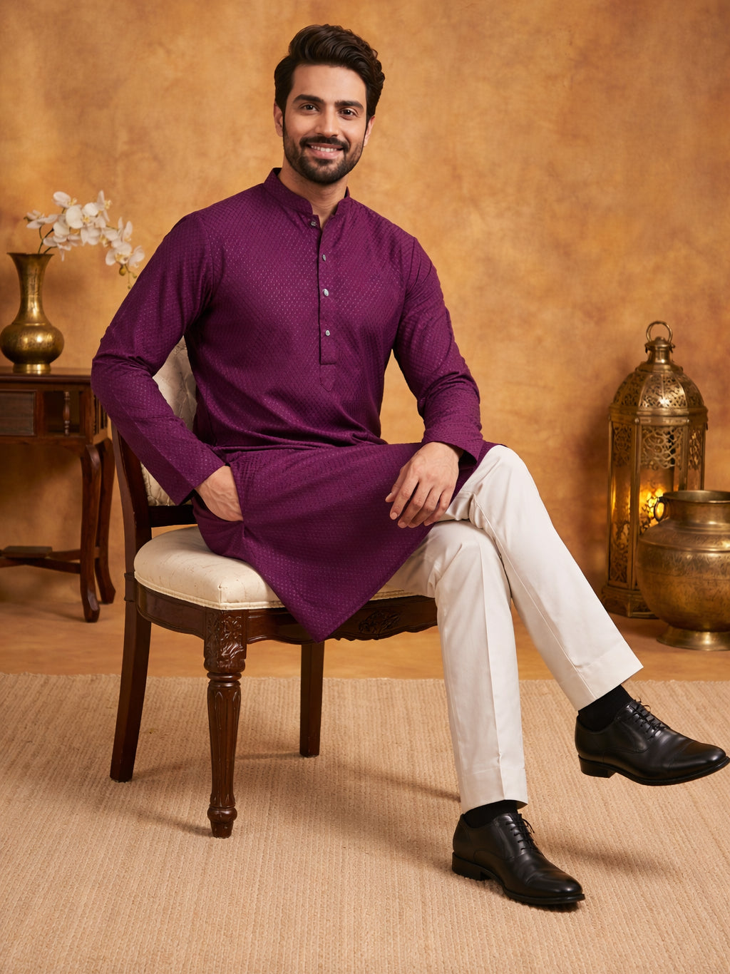 DesiQlo Men Embroidered Kurta Pyjama Set - Purple - 65KP_P_5441Purple_