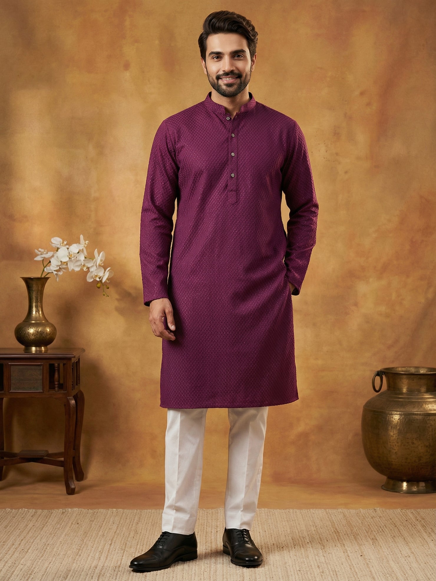 DesiQlo Men Embroidered Kurta Pyjama Set - Purple - 65KP_P_5441Purple_