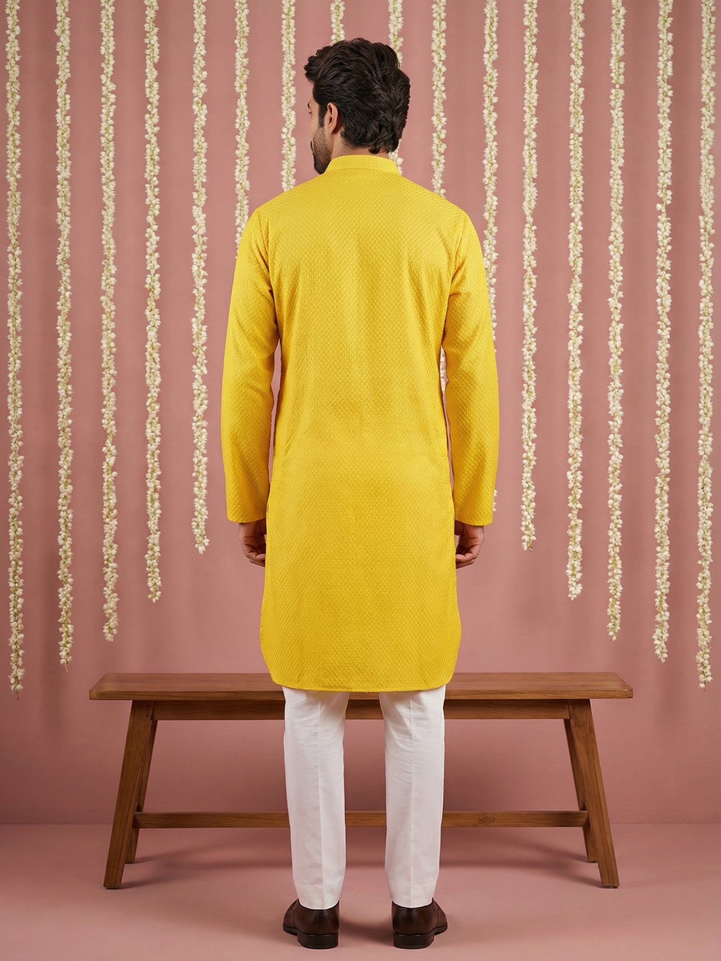 DesiQlo Men Embroidered Kurta Pyjama Set - Yellow - 65KP_P_5441Yellow_