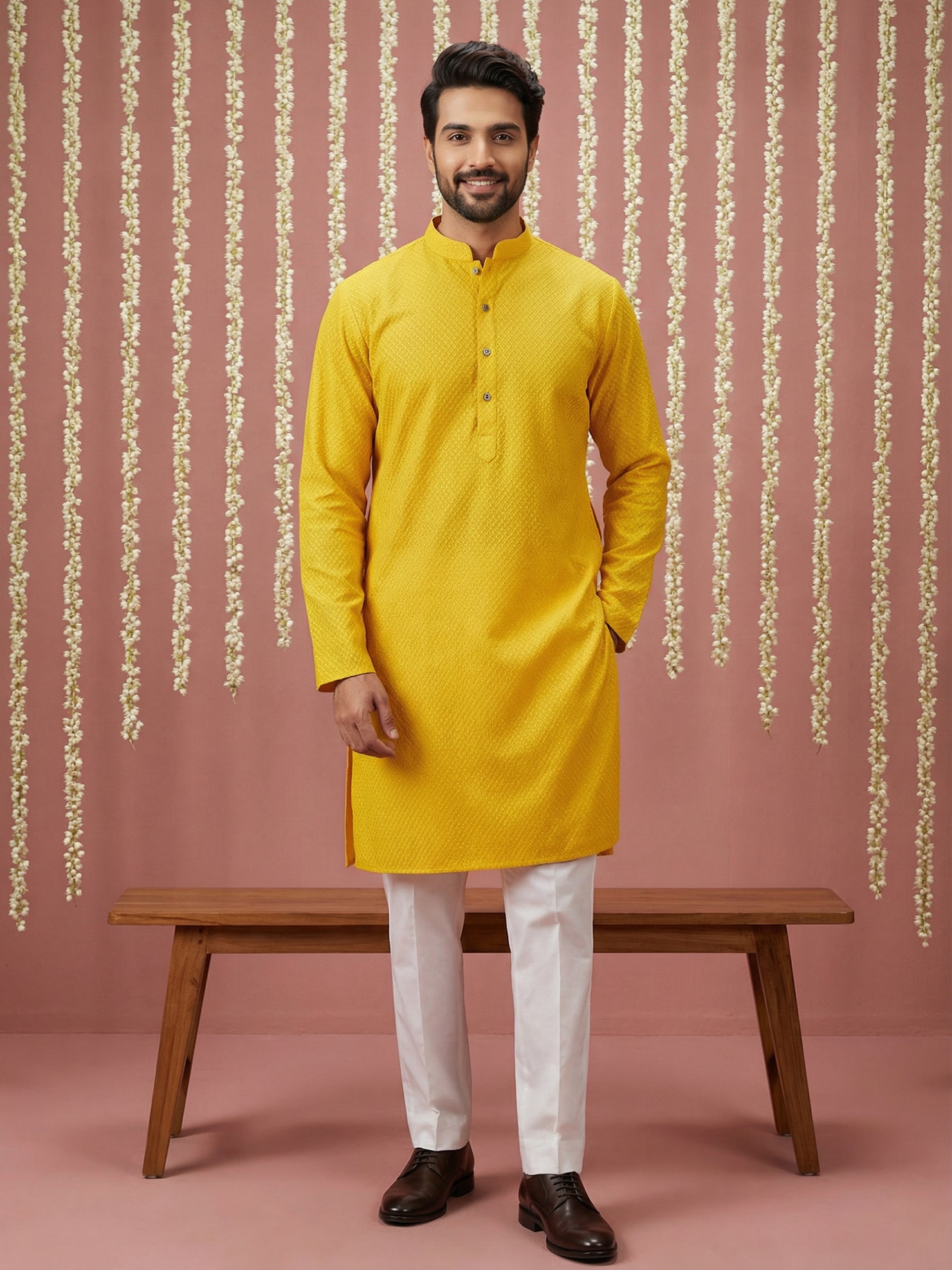 DesiQlo Men Embroidered Kurta Pyjama Set - Yellow - 65KP_P_5441Yellow_