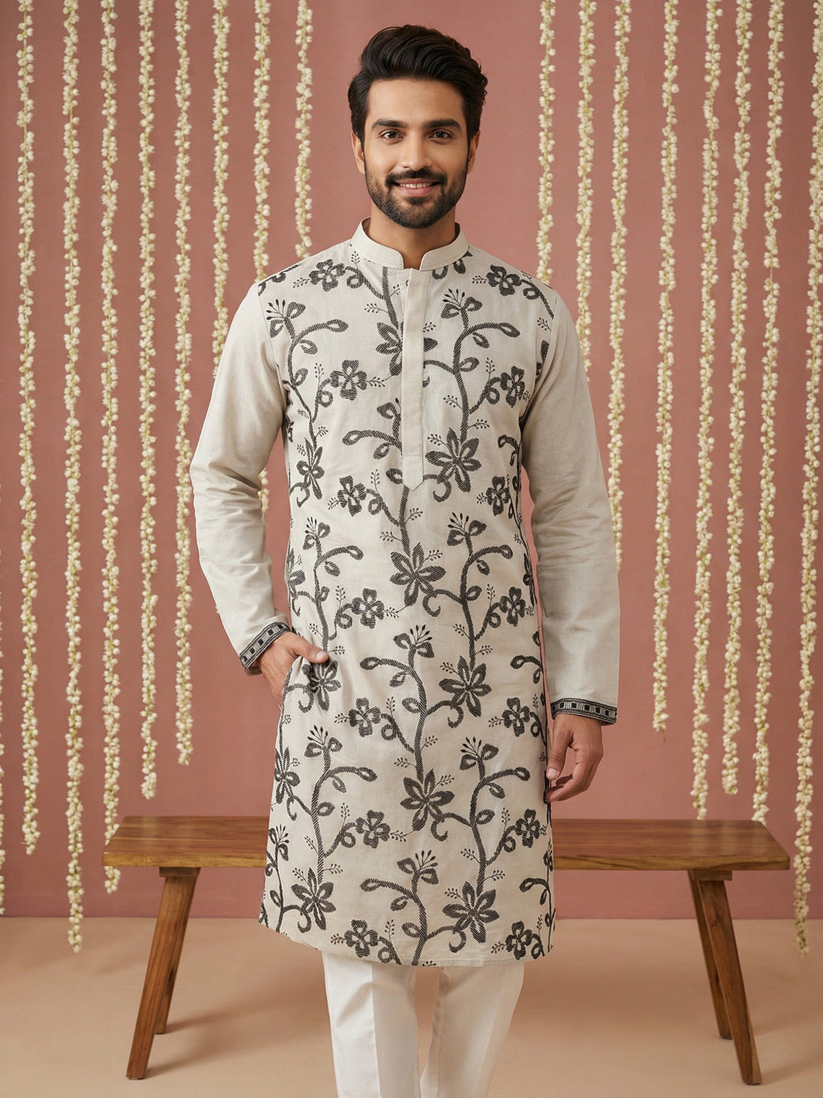 Men’s Silk Blend Embroidered Kurta Pyjama ( 65KP P 5442Grey S ) [FF] [Q-11-14]
