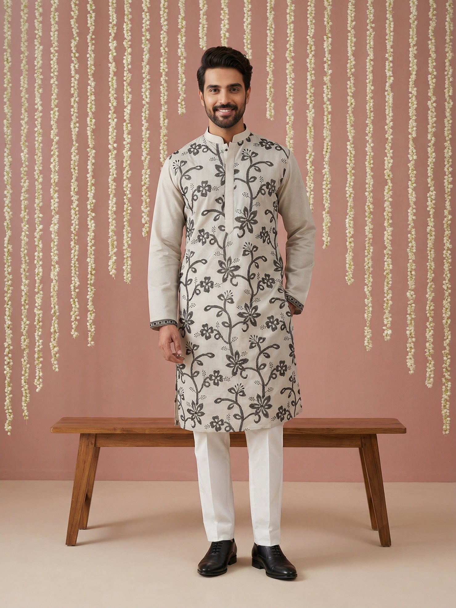 DesiQlo Men Embroidered Kurta Pyjama Set - Grey - 65KP_P_5442Grey_S