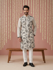 Men’s Silk Blend Embroidered Kurta Pyjama ( 65KP P 5442Grey S ) [FF] [Q-11-14]