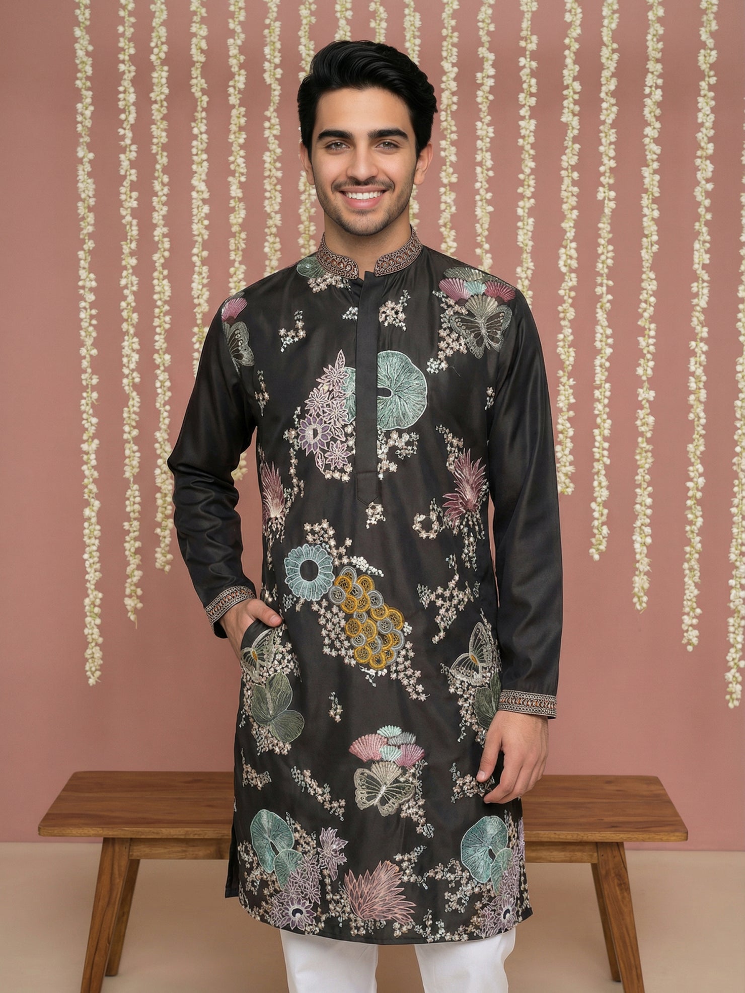 DesiQlo Men Embroidered Kurta Pyjama Set - Black - 65KP_P_5444Black_S