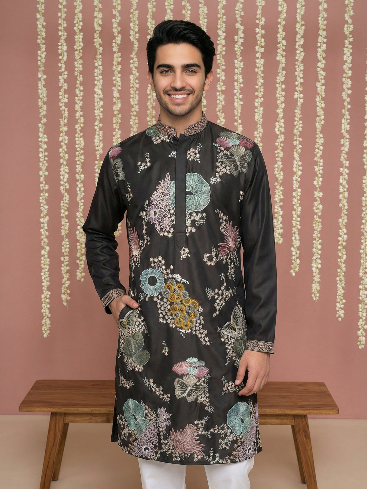 Black Silk Blend Embroidered Kurta Pyjama ( 65KP P 5444Black S ) [FF] [O-6]