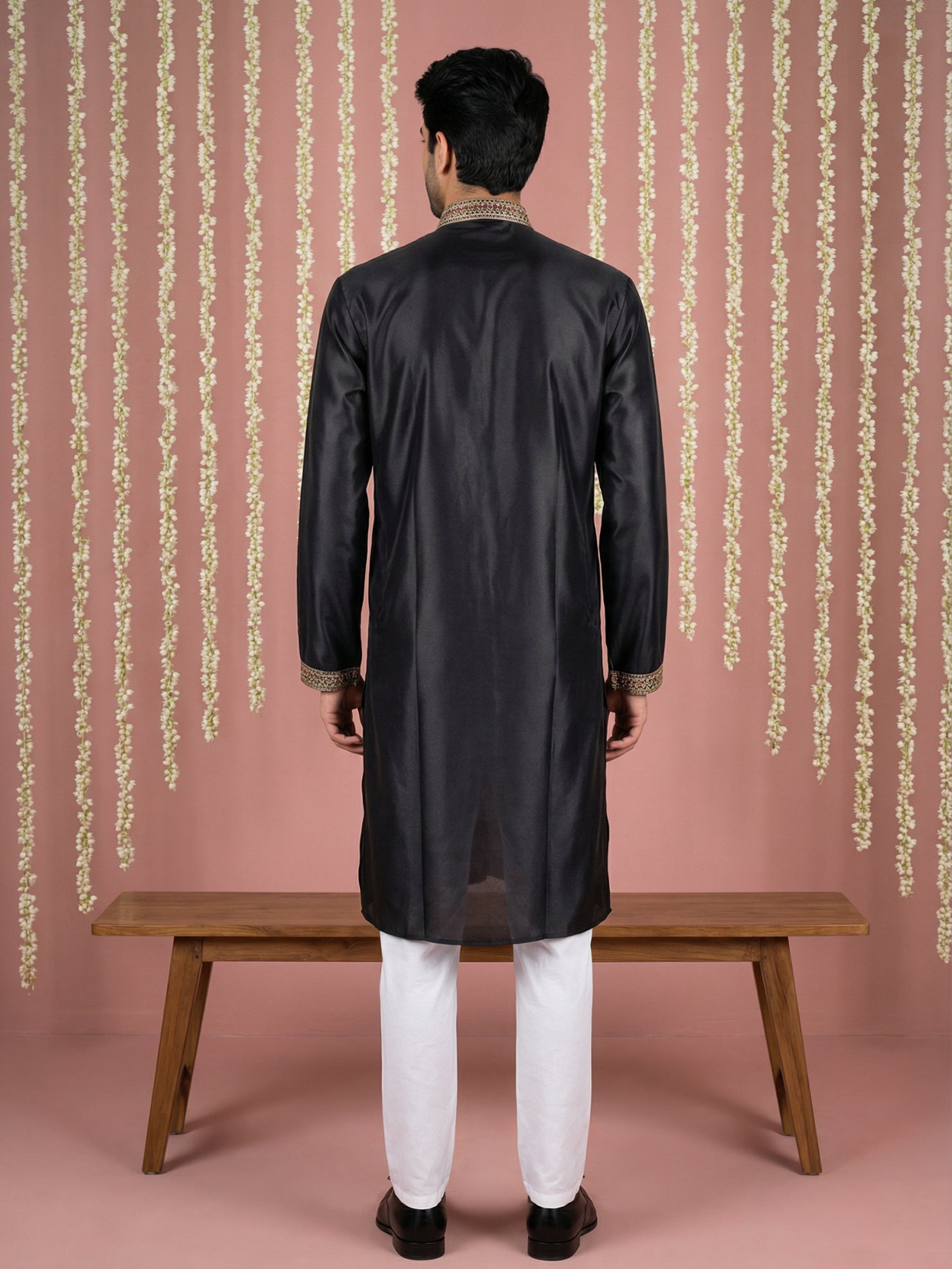 DesiQlo Men Embroidered Kurta Pyjama Set - Black - 65KP_P_5444Black_S